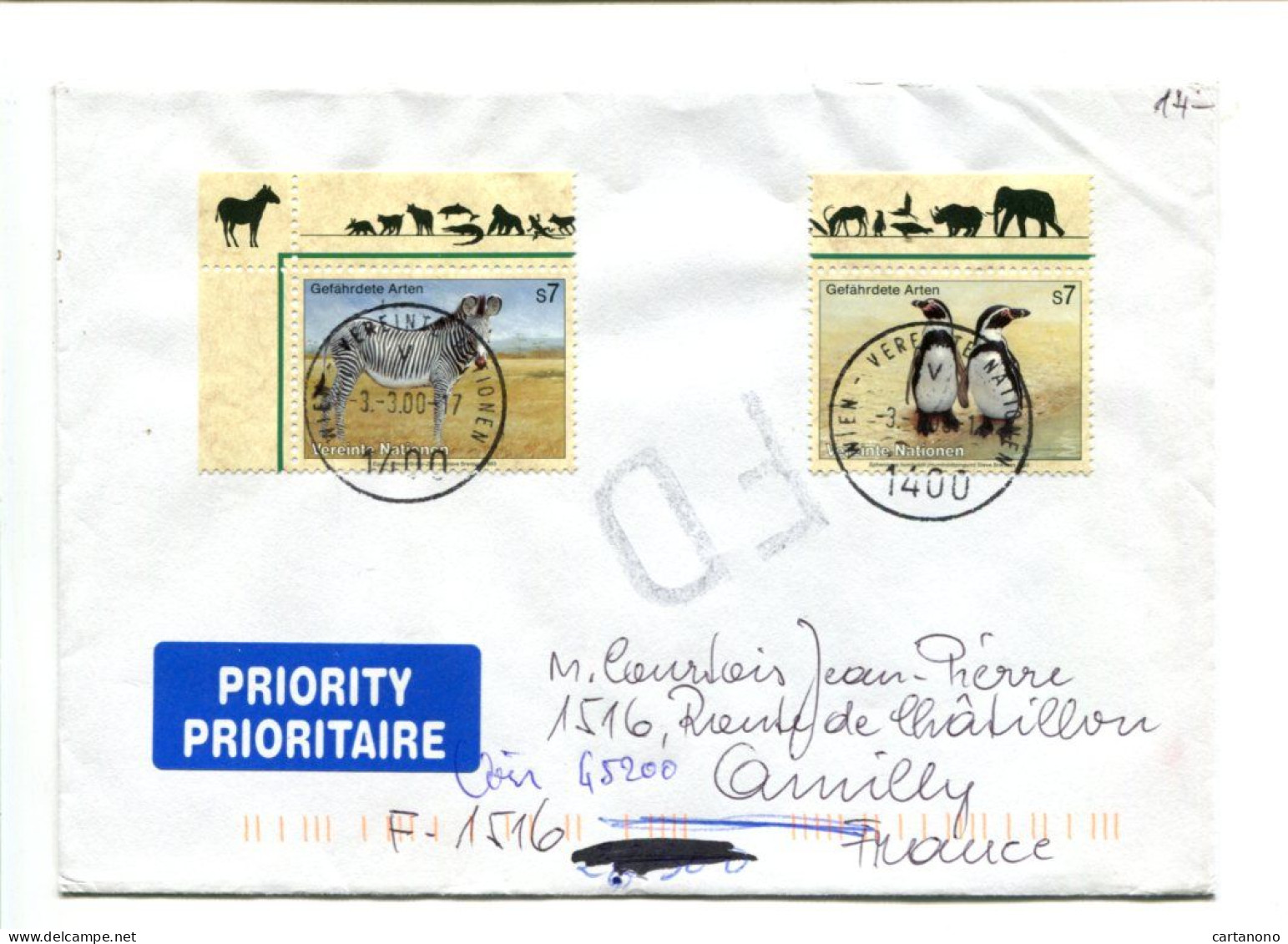 NATIONS UNIES VIENNE - Affranchissement Sur Lettre Par Avion - Animaux Zèbre Manchot Eléphant Rhinocéros - Sonstige & Ohne Zuordnung