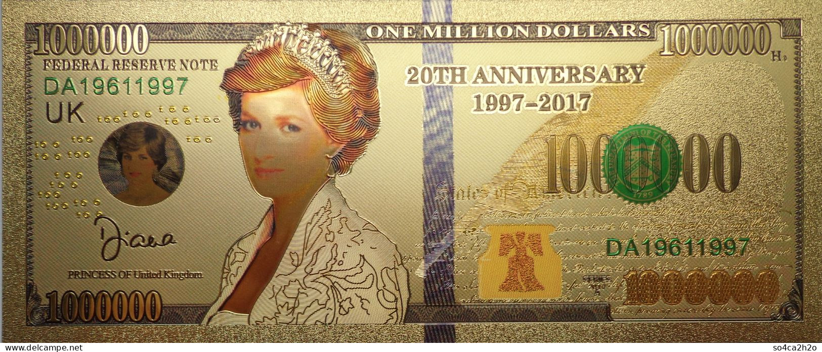 Billet Plaqué Or 24K 1000000 Dollars  Lady Diana 20 ème Anniversaire UNC - [ 8] Ficticios & Especimenes