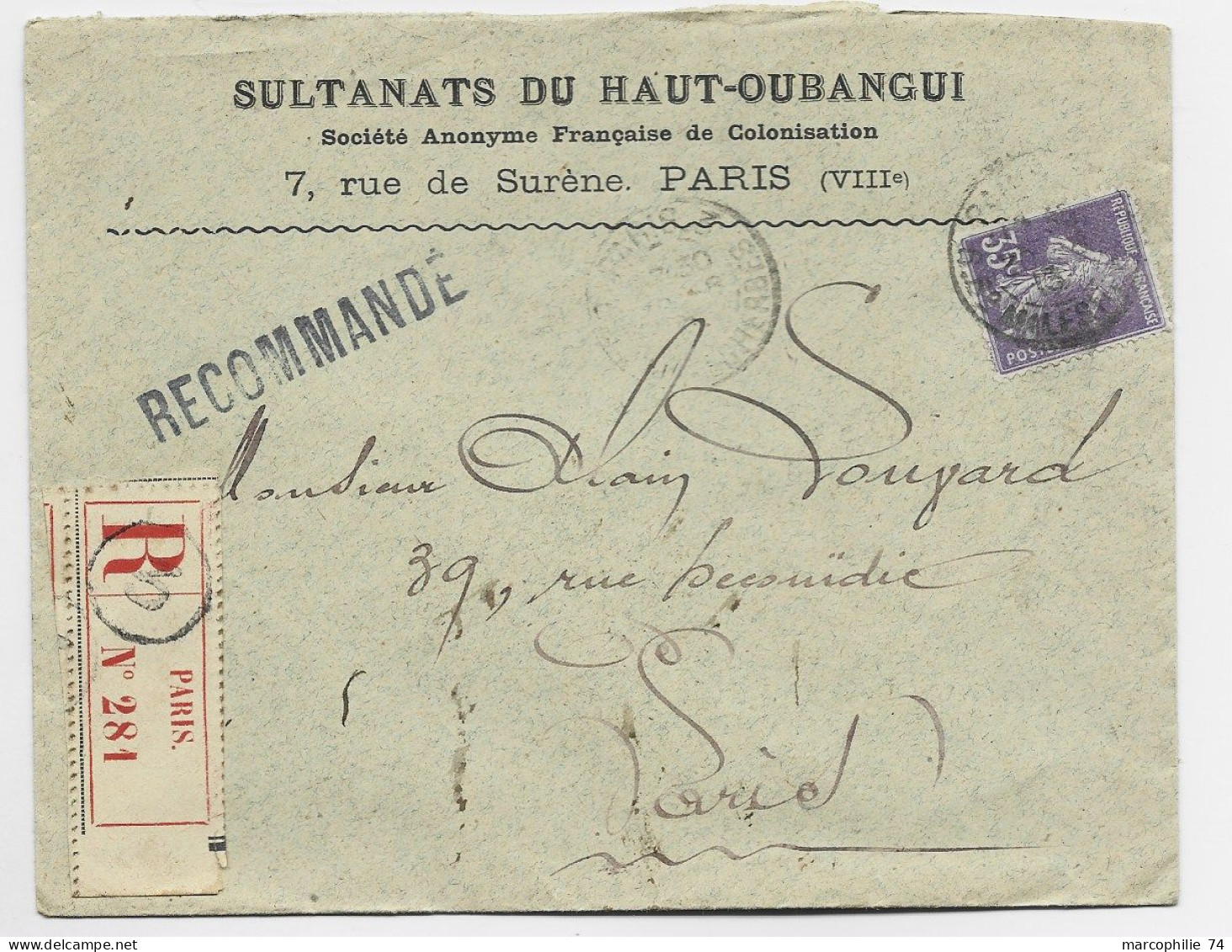 FRANCE SEMEUSE 35C LETTRE REC COVER ENTETE SULTANATS DU HAUT OUBANGUI PARIS VIIIE 1914 - Covers & Documents