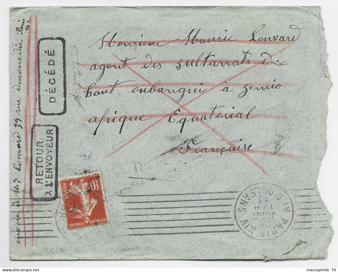 FRANCE SEMEUSE 10C SEUL LETTRE COVER PARIS 1913 POUR ZENIO AEF HAUT OUBANGUI + GRIFFE DECEDE DESTINATION RARE - Brieven En Documenten