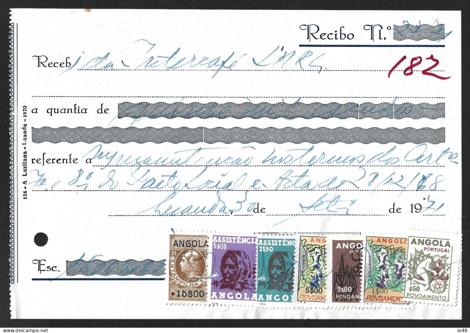 Recibo Emitido Em Luanda 1971 Com Stamp Fiscal 15$00 E 6 Stamps De Correio Usados Como Fiscais Da Assistência E Povoamen - Briefe U. Dokumente