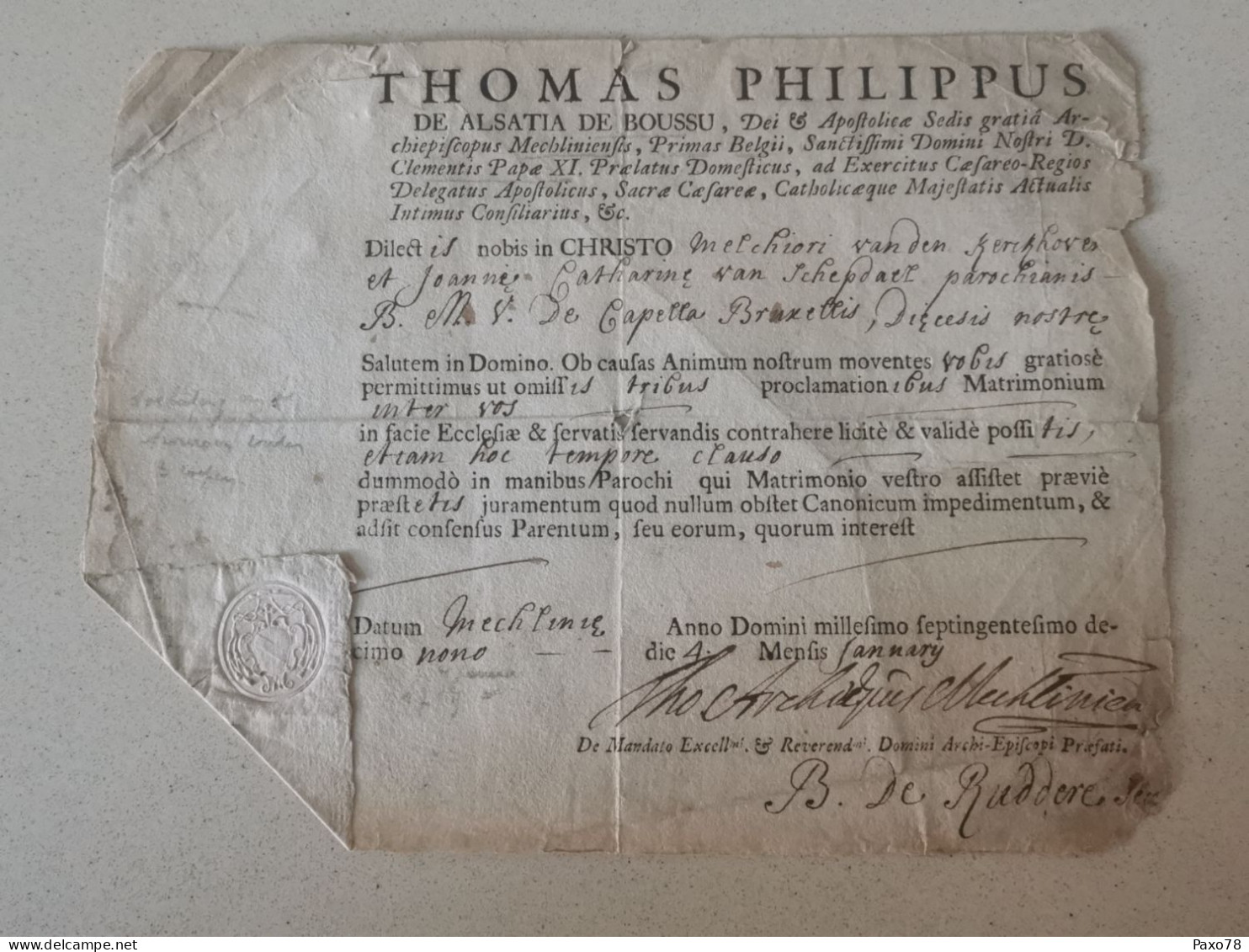 Lettre, Pape Clementis XI, Thomas Philippus - 1621-1713 (Spaanse Nederlanden)