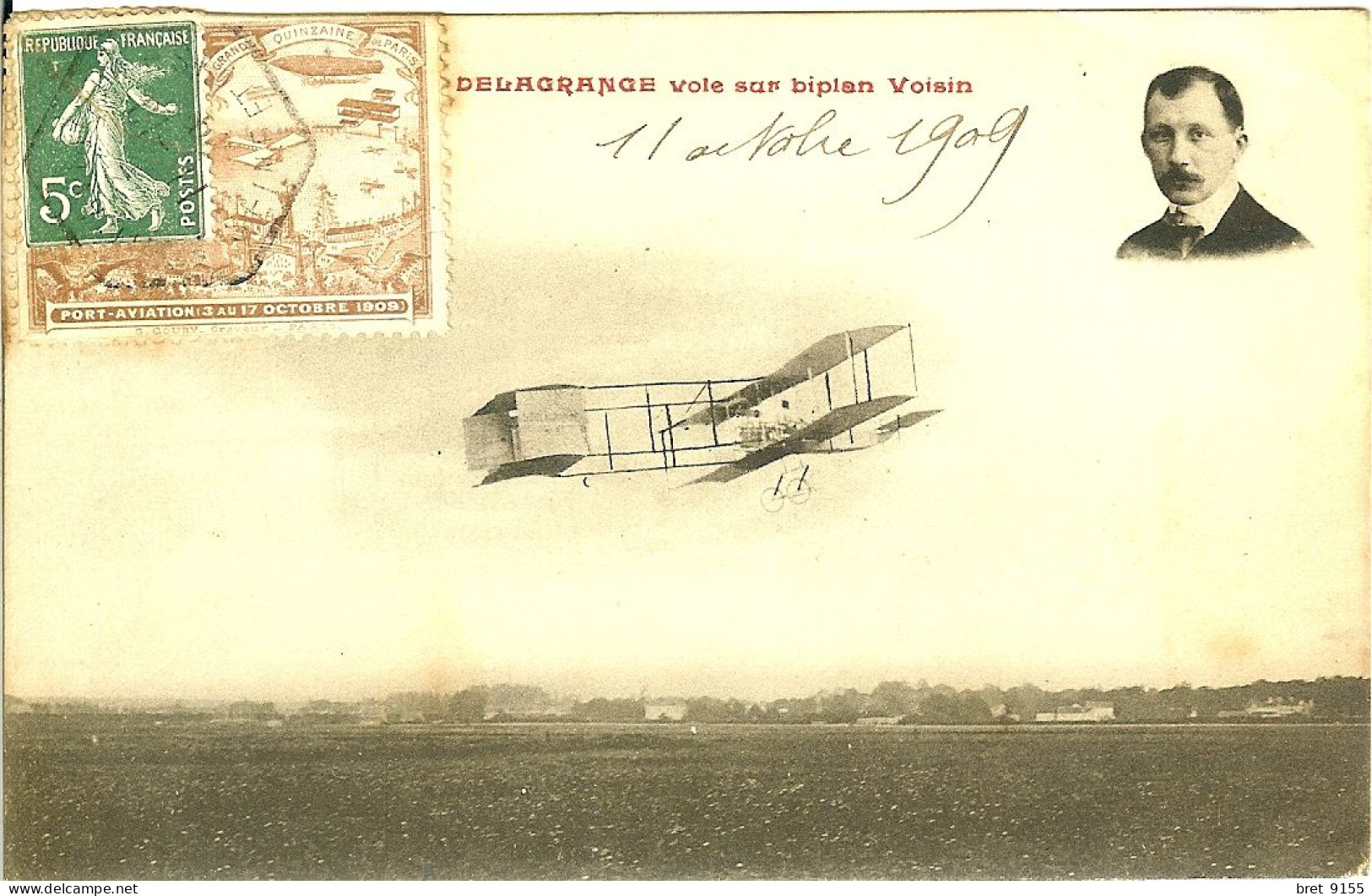 91 JUVIZY PORT AVIATION DU 11/10/1909 DELAGRANGE VOLE SUR BIPLAN VOISIN AFFRANCHIE AVEC VIGNETTE ET OBLITERATION - Premiers Vols