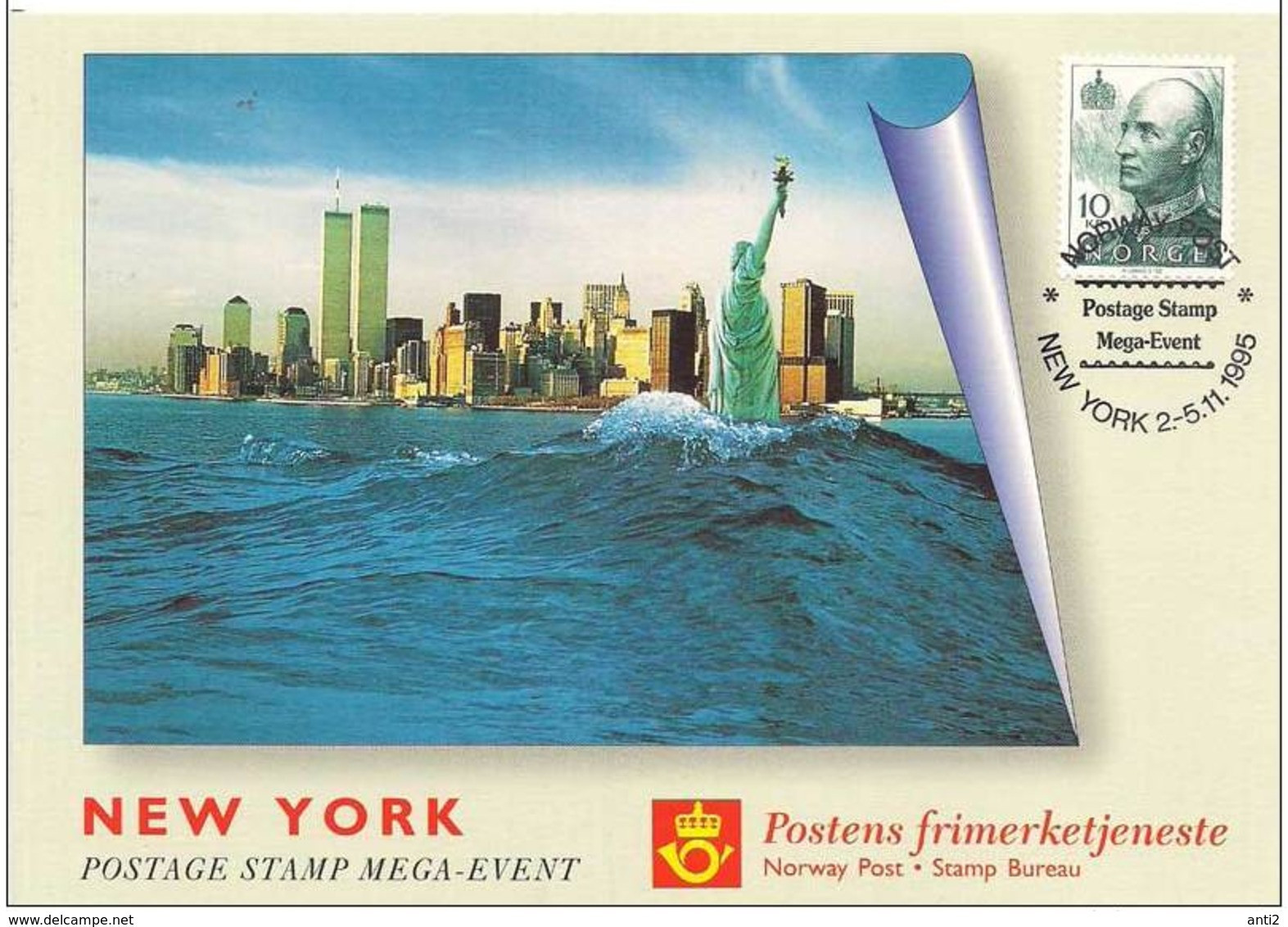 Norway Exhibition Card 1995 Postage Stamp Mega-event, New York, Statue Of Liberty, Manhattan  Card - Esposizioni Filateliche