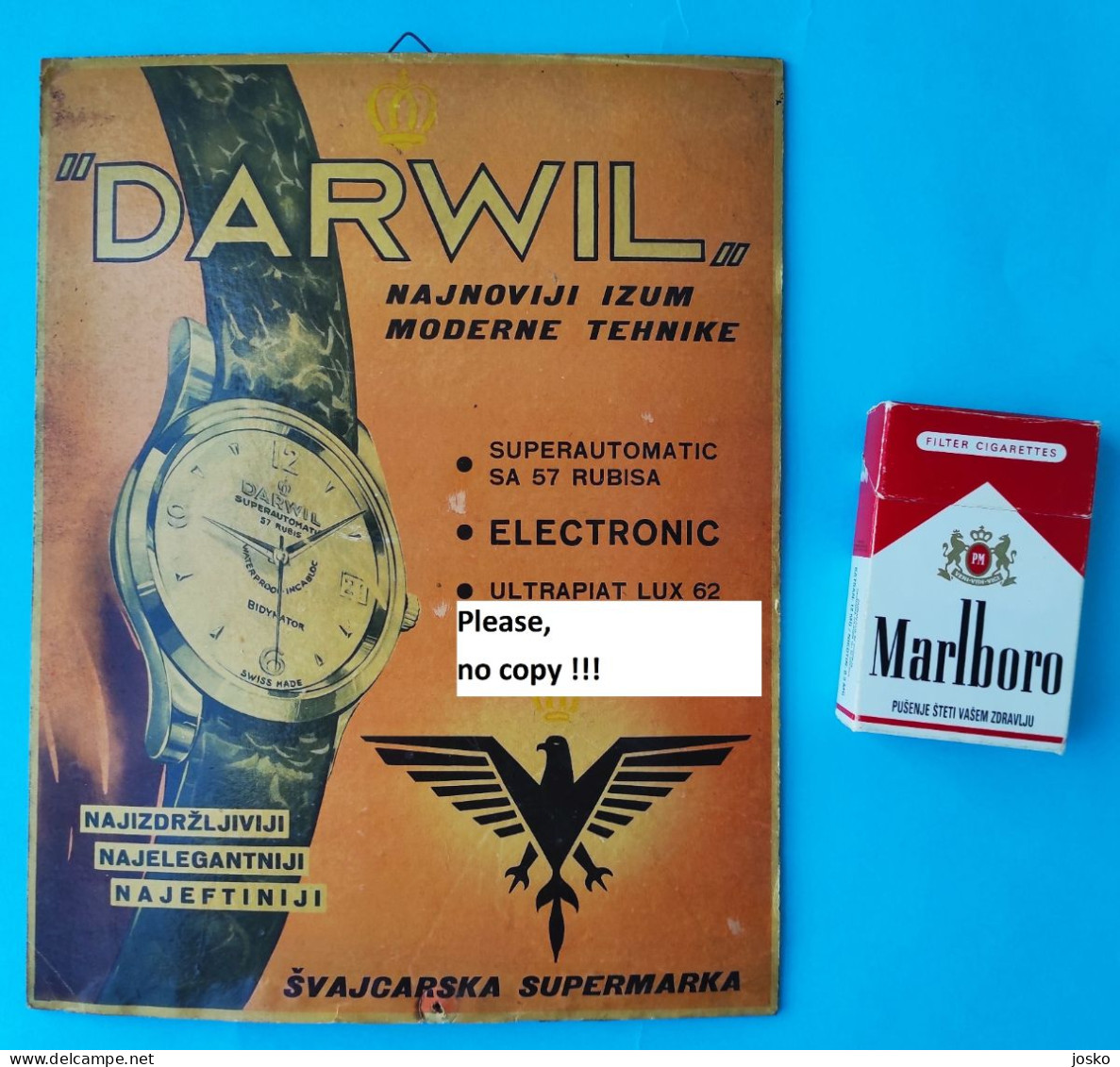DARWIL Superautomatic 57 Rubis ... Swiss Watch - Vintage Cardboard Advertising Sign * Publicitaire Vintage En Carton - Targhe Di Cartone