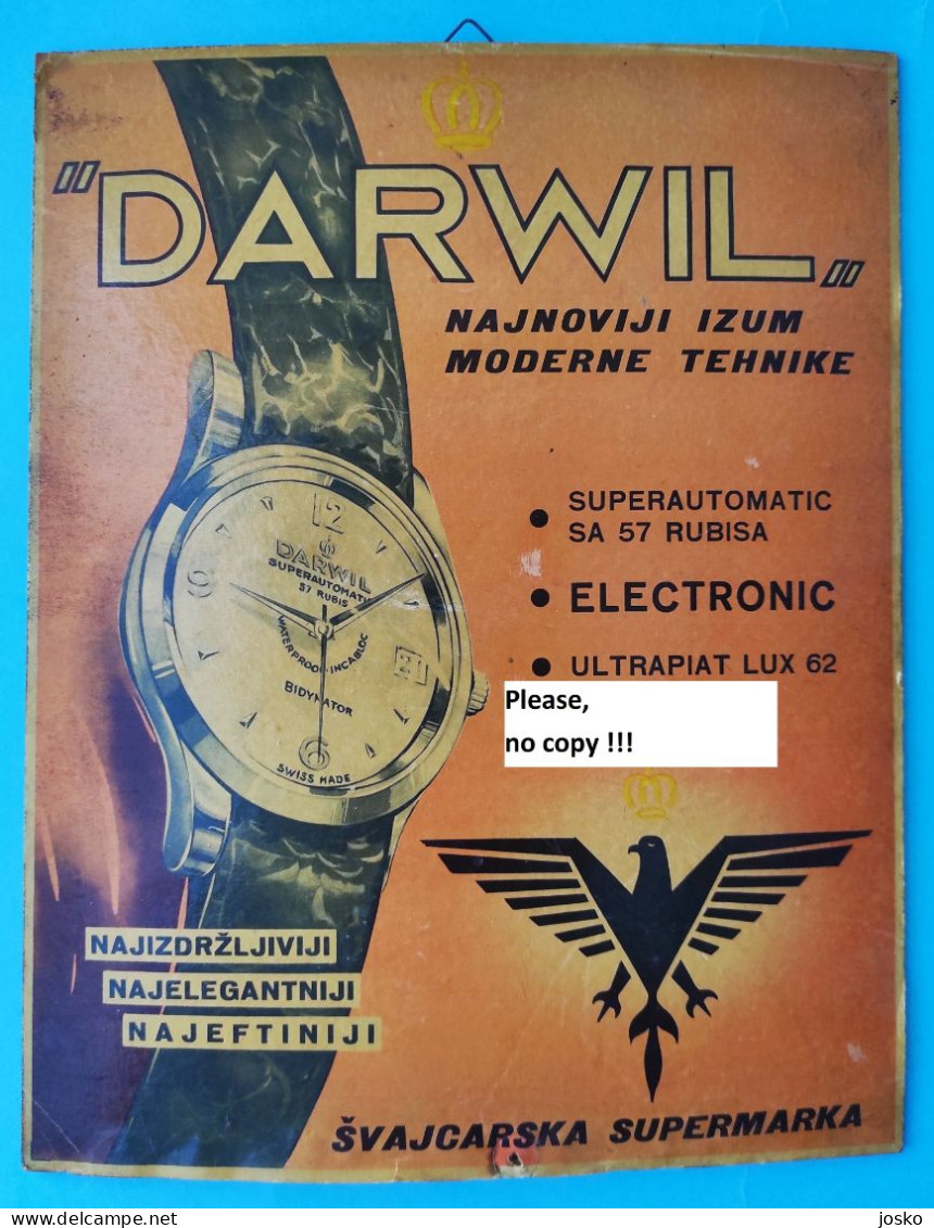 DARWIL Superautomatic 57 Rubis ... Swiss Watch - Vintage Cardboard Advertising Sign * Publicitaire Vintage En Carton - Placas De Cartón