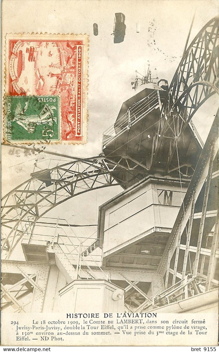 91 JUVIZY PORT AVIATION DU 18/10/1909 LE COMTE DE LAMBERT 150m AU-DESSUS TOUR EIFFEL AFFRANCHIE VIGNETTE ET OBLITERATION - Premiers Vols