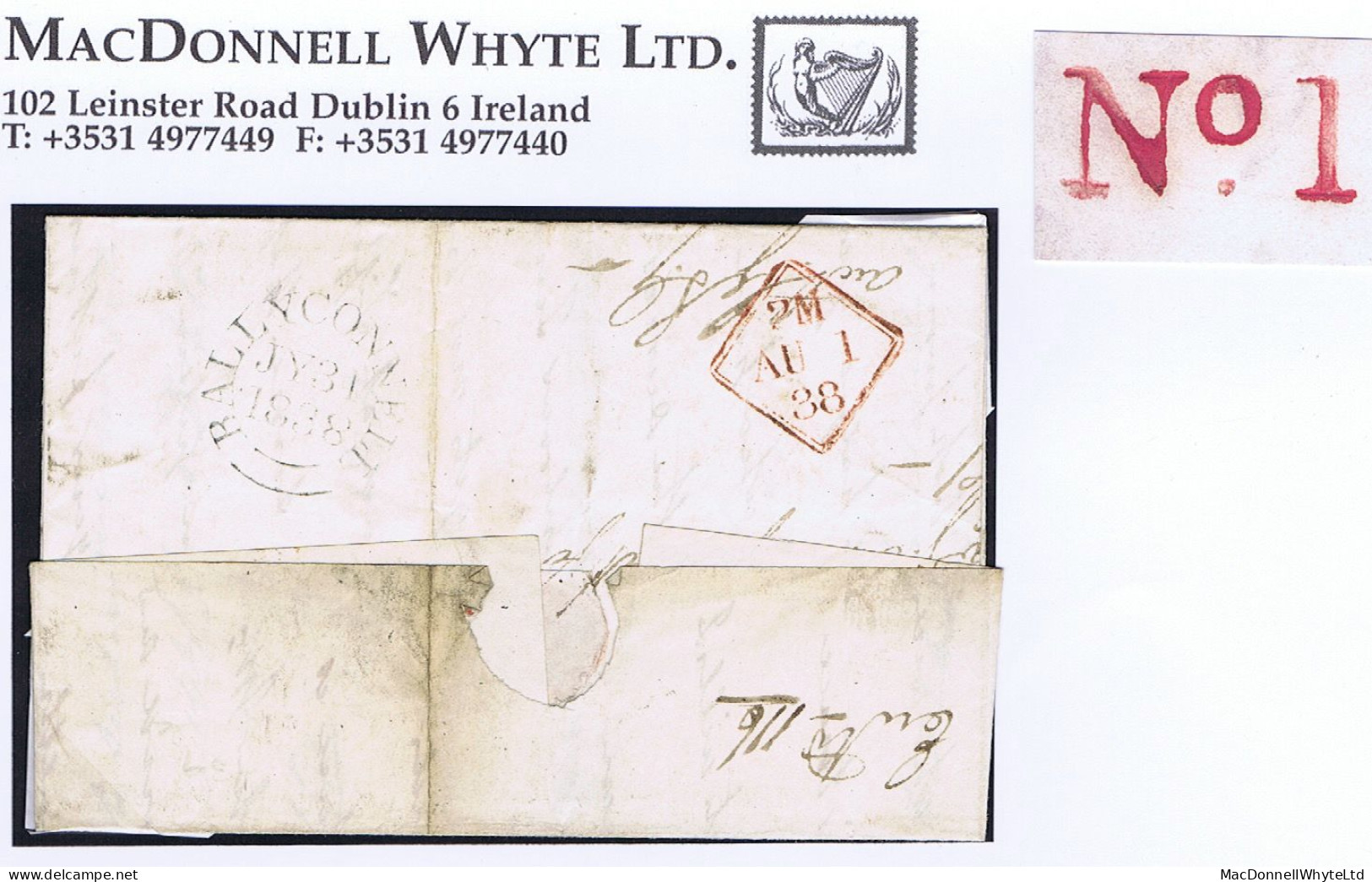 Ireland Cavan 1838 Letter Swanlnbar To Dublin With BALLYCONNELL/PENNY POST And Clear RH "No1" Of Swanlinbar In Red - Préphilatélie