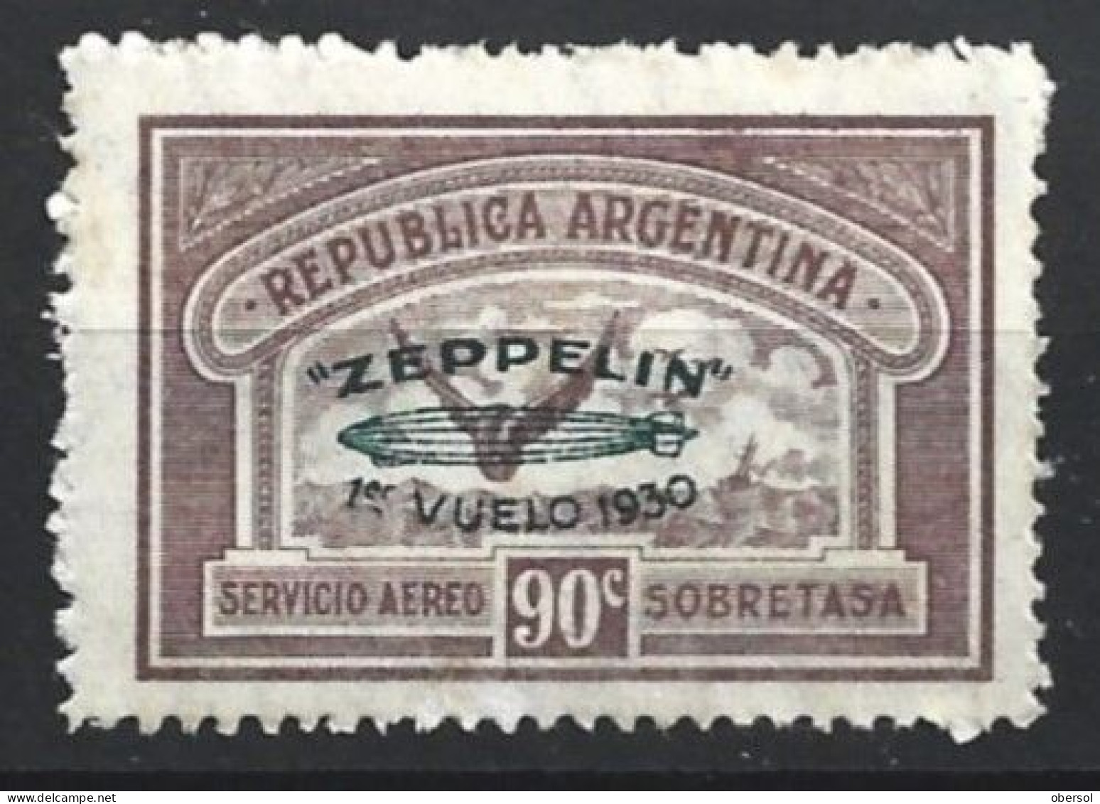 Argentina 1930 Zeppelin Green Overprint 90c MH Stamp - Ungebraucht