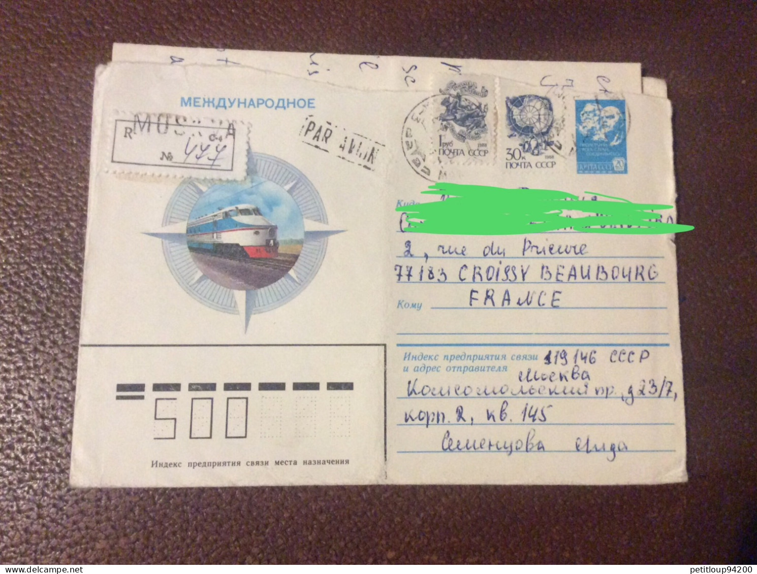 LETTRE URSS  Moscou>Croissy-Beaubourg  AÉRIEN  RECOMMANDEE  Annee 1990 - Storia Postale