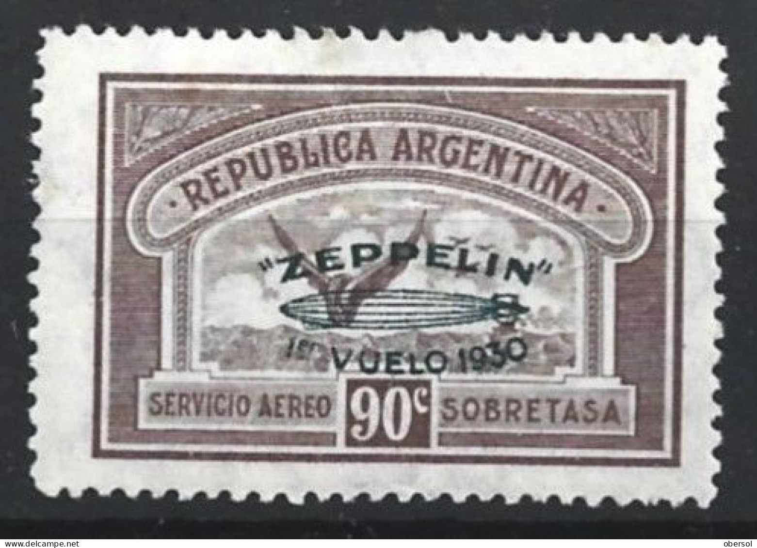 Argentina 1930 Zeppelin Green Overprint 90c MH Stamp (2) - Unused Stamps