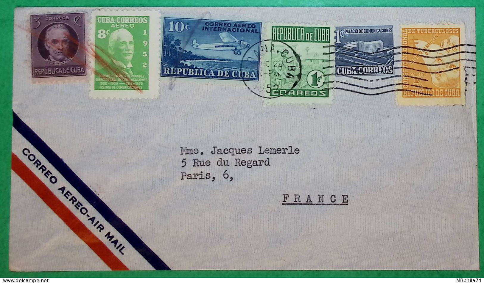 LETTRE PAR AVION CORREO AEREO AIR MAIL HABANA LA HAVANE CUBA POUR PARIS FRANCE 1952 COVER - Luftpost