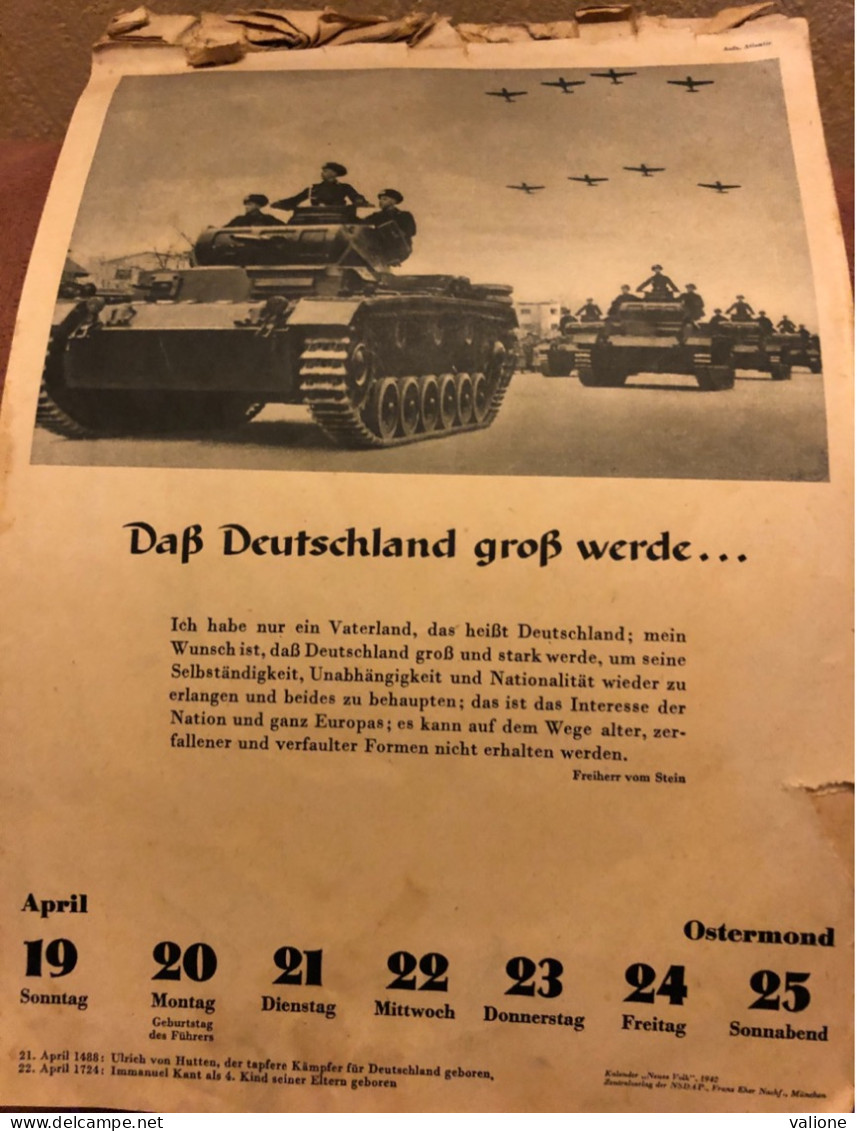 Calendrier Ww2 1942 Propagande Allemande En Alsace Occupée - Duits