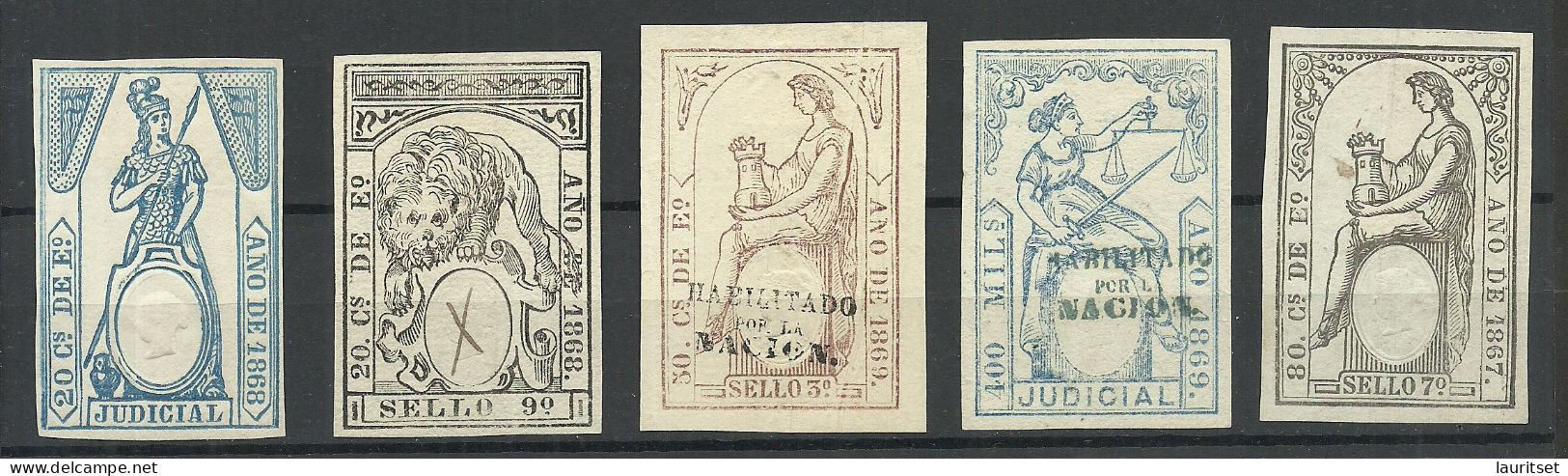 ESPANA Spain 1867-1869 -  5 Different Paper Stamps Sellos Revenue Tax Taxe - Fiscaux-postaux