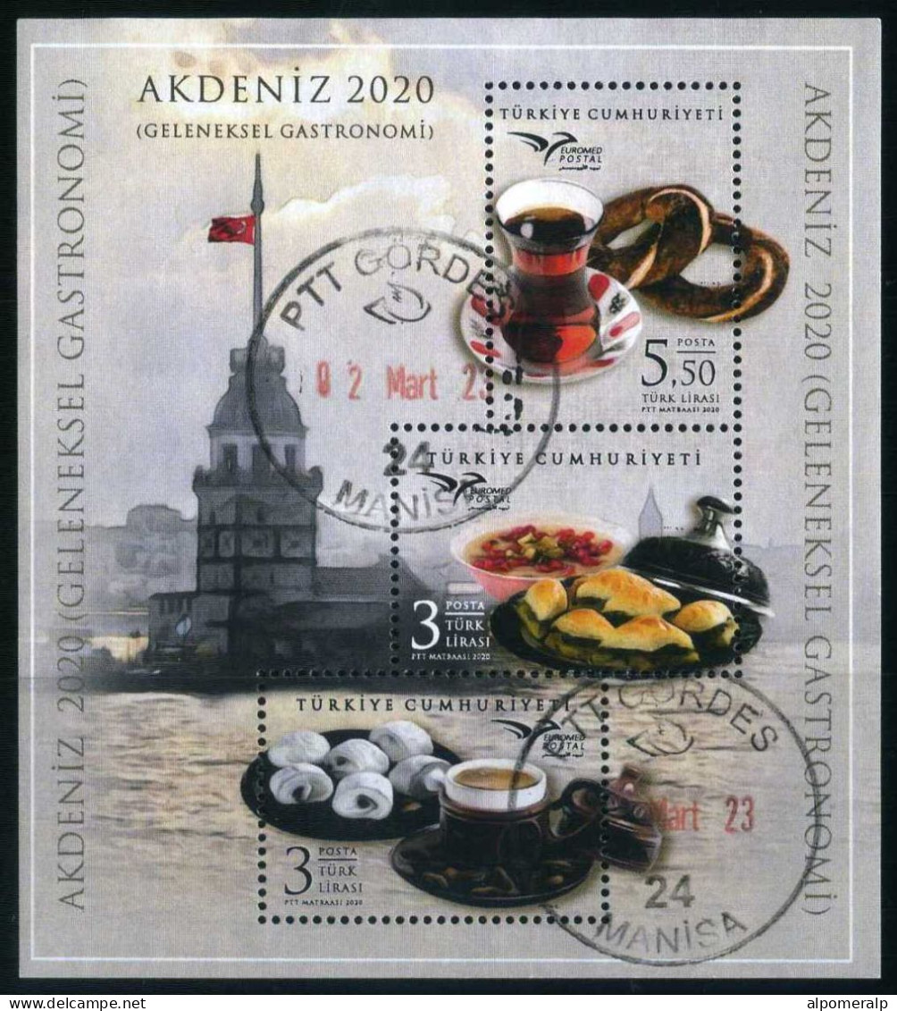 Türkiye 2020 Mi 4585-4587 [Block 201] EUROMED, Traditional Gastronomy, Food, Tea, Turkish Coffee, Lighthouse - Oblitérés