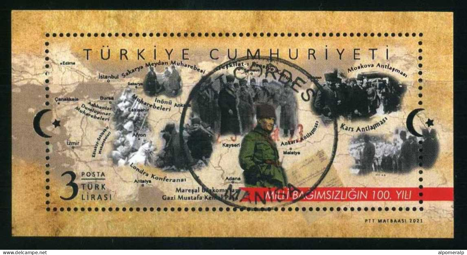 Türkiye 2021 Mi 4623 Centenary Of National Independence | Battle, Military, Map, Treaties [Block 206] - Usados