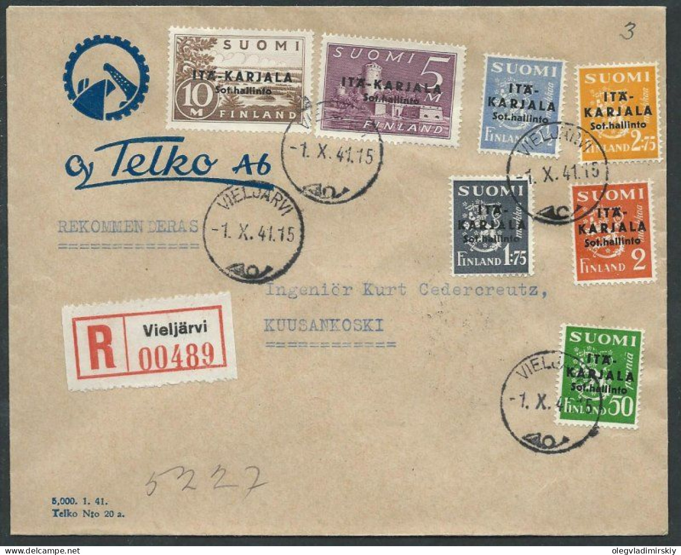 Finland 1941 WWII Occupation Of East Karelia Military Government RARE Full First Set FDC By Real Registered Letter - Militair