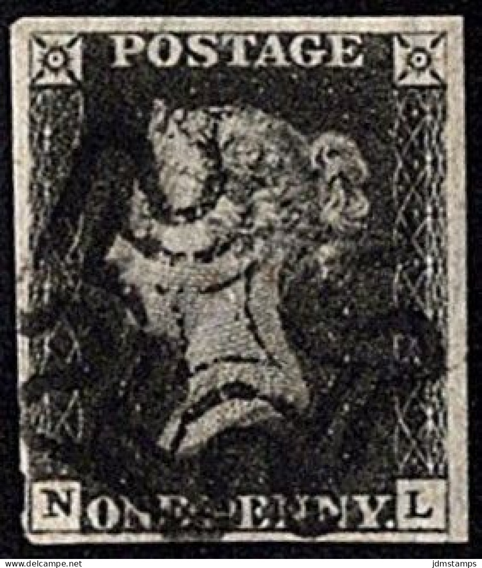 GBR SC #1 U (N,L) 1840 Q Victoria 4 Margins W/black MC Cancel CV $350.00 - Gebraucht