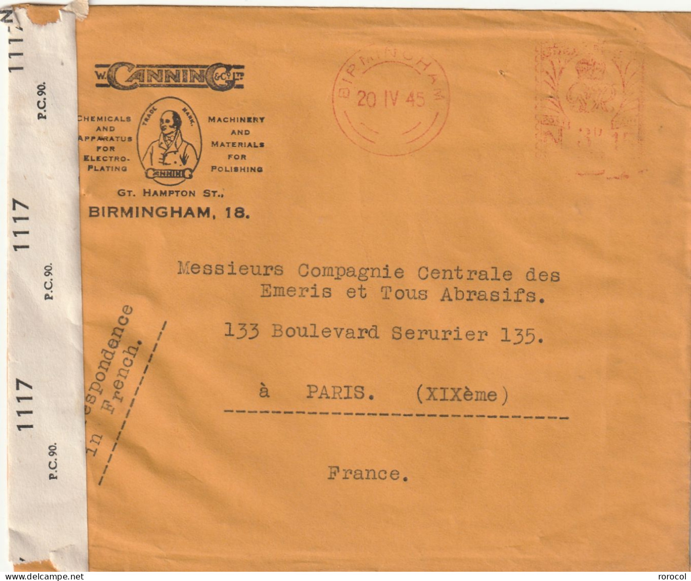 GRANDE BRETAGNE Lettre 1945 Machine à Affranchir BIRMINGHAM Pour PARIS Bande De Censure CANNIN LTD CHEMICALS - Maschinenstempel (EMA)