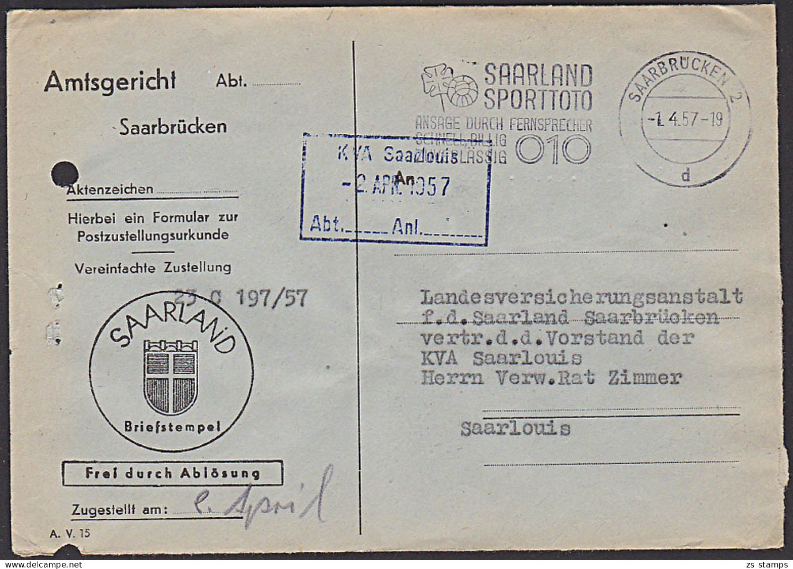 Saarland "Frei Durch Ablösung" Saarbrücken MWSt. "Saarland Sporttotto Ansage ..." 1957 Amtsgricht - Brieven En Documenten