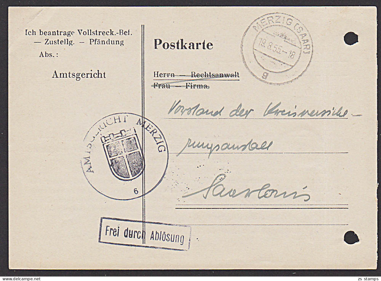 Saarland "Frei Durch Ablösung" MERZIG 1955 Amtsgricht Dienstsiegel - Lettres & Documents