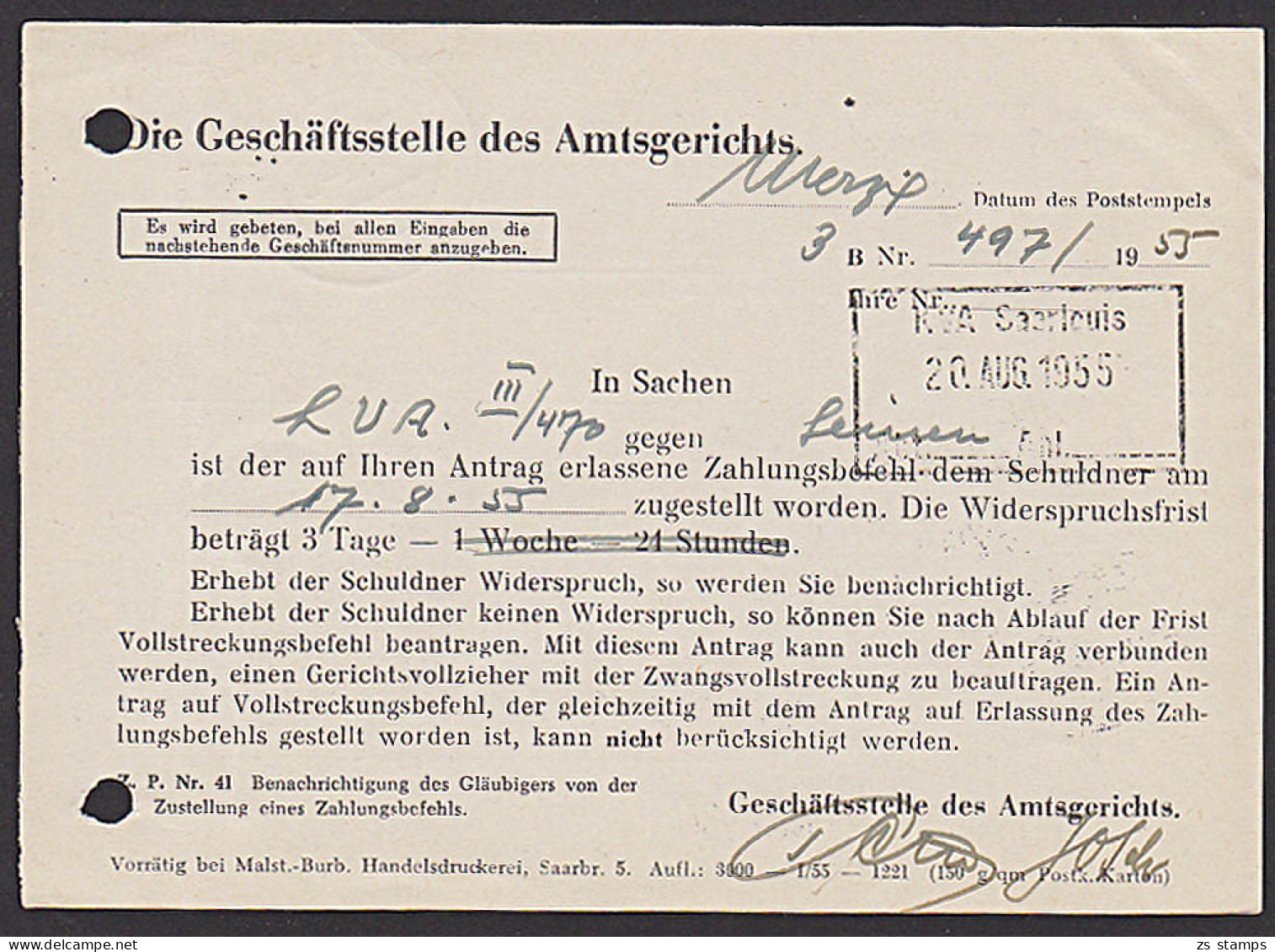Saarland "Frei Durch Ablösung" MERZIG 1955 Amtsgricht Dienstsiegel - Briefe U. Dokumente
