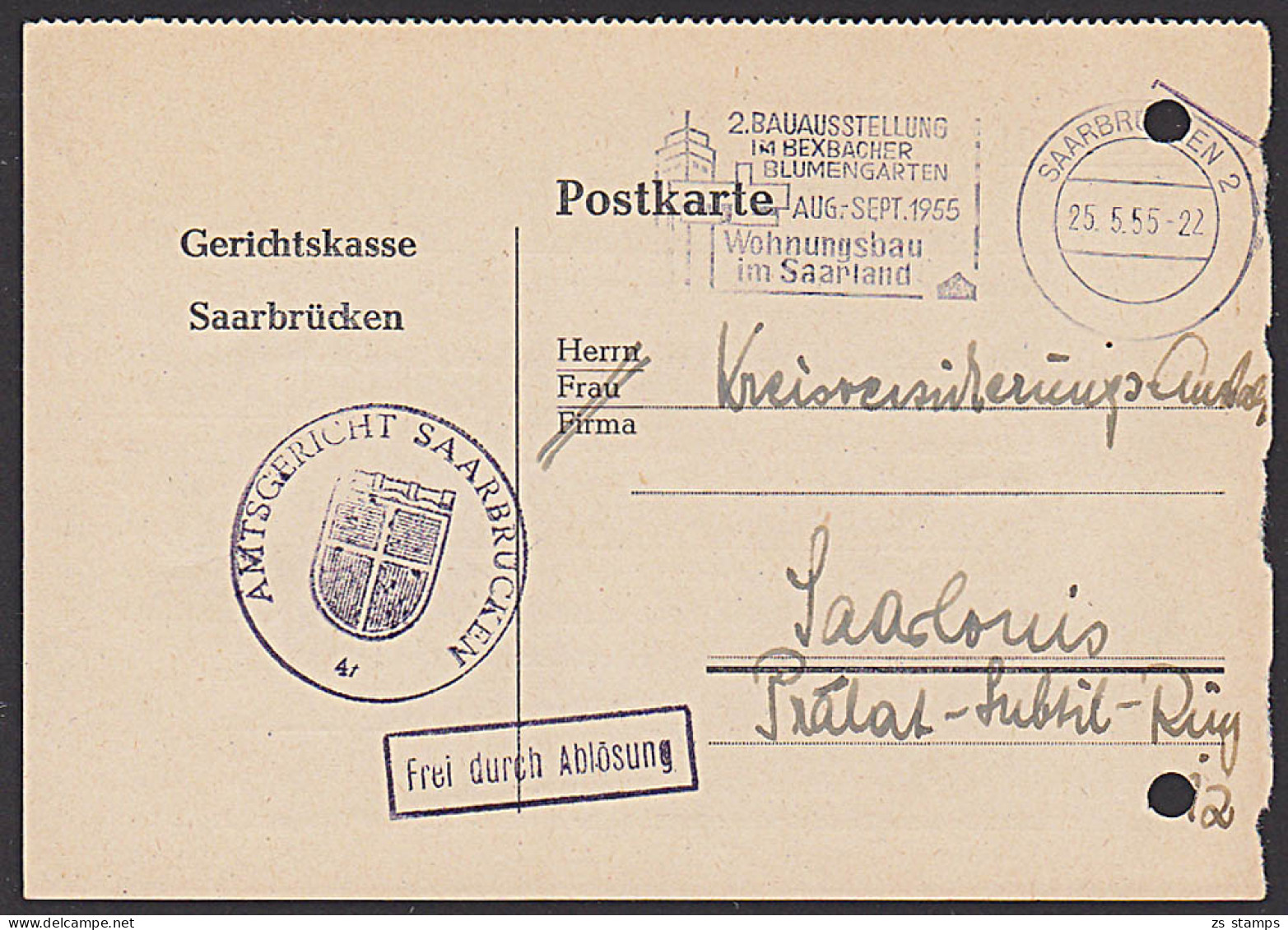 Saarland "Frei Durch Ablösung" Saarbrücken 1955 Gerichtskasse Dienstsiegel MWSt. 2. Bauaustellung Im Bexbacher .."  - Briefe U. Dokumente