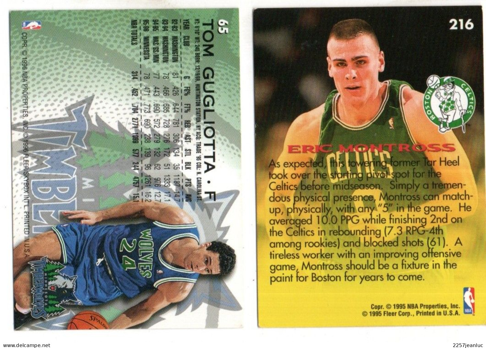 2 Cartes  Panini Basket Ball Fleer 1995 -1997 Eric Montross   & Tom Gugliotta..F - Basket-ball