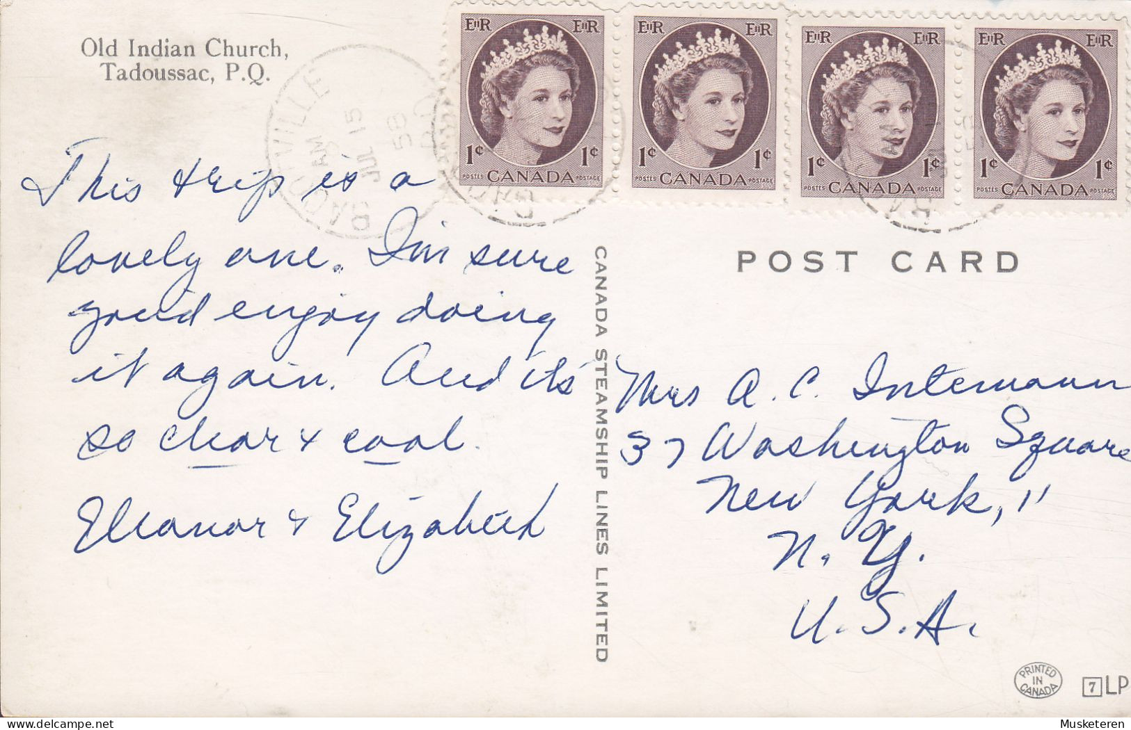 Canada CPA Old Indian Church, Tadoussac BACOTVILLE 1958 NEW YORK USA 4x QEII. Stamps (2 Scans) - Saguenay