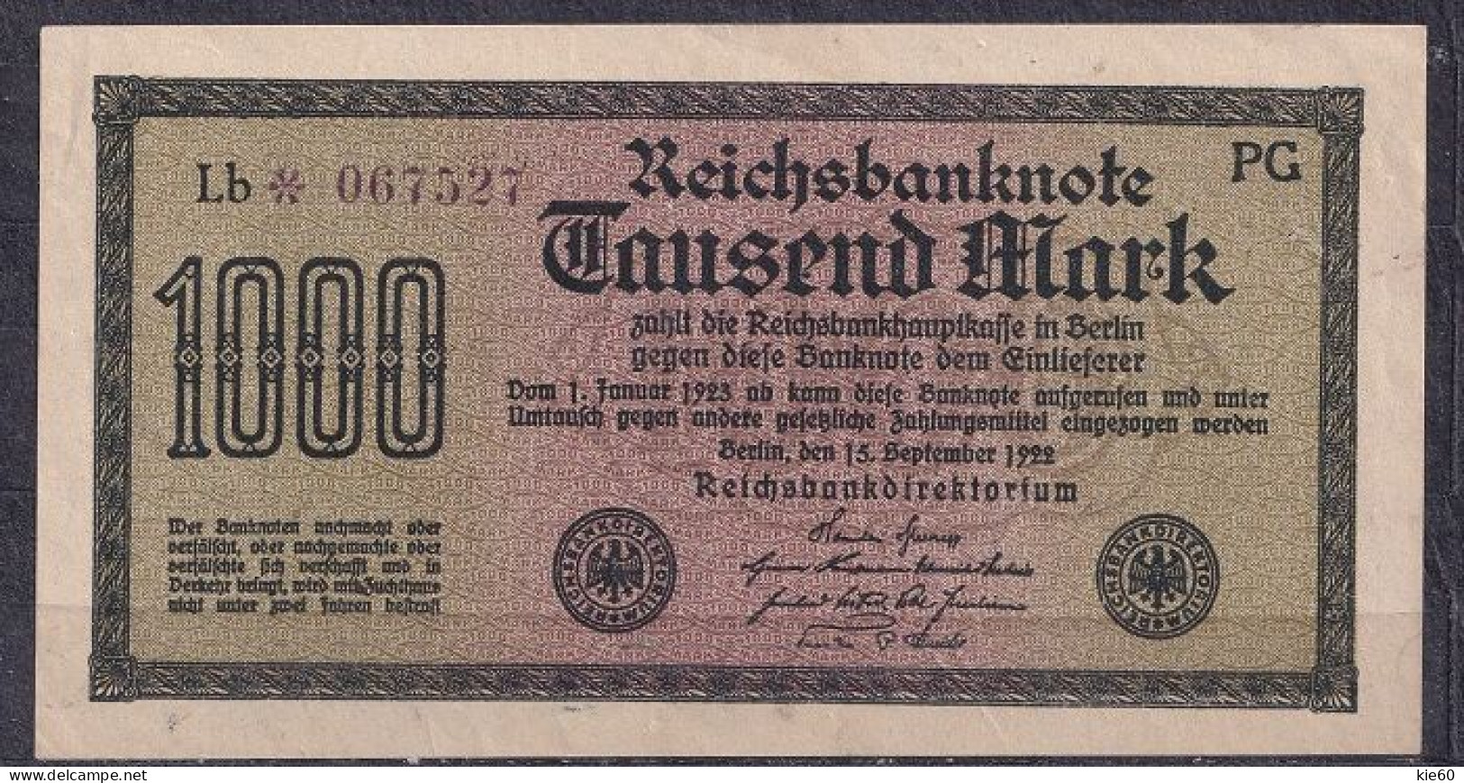 Germany - 1922 - 1000 Mark .- PG/Lb.. R75k..... AU - 1000 Mark