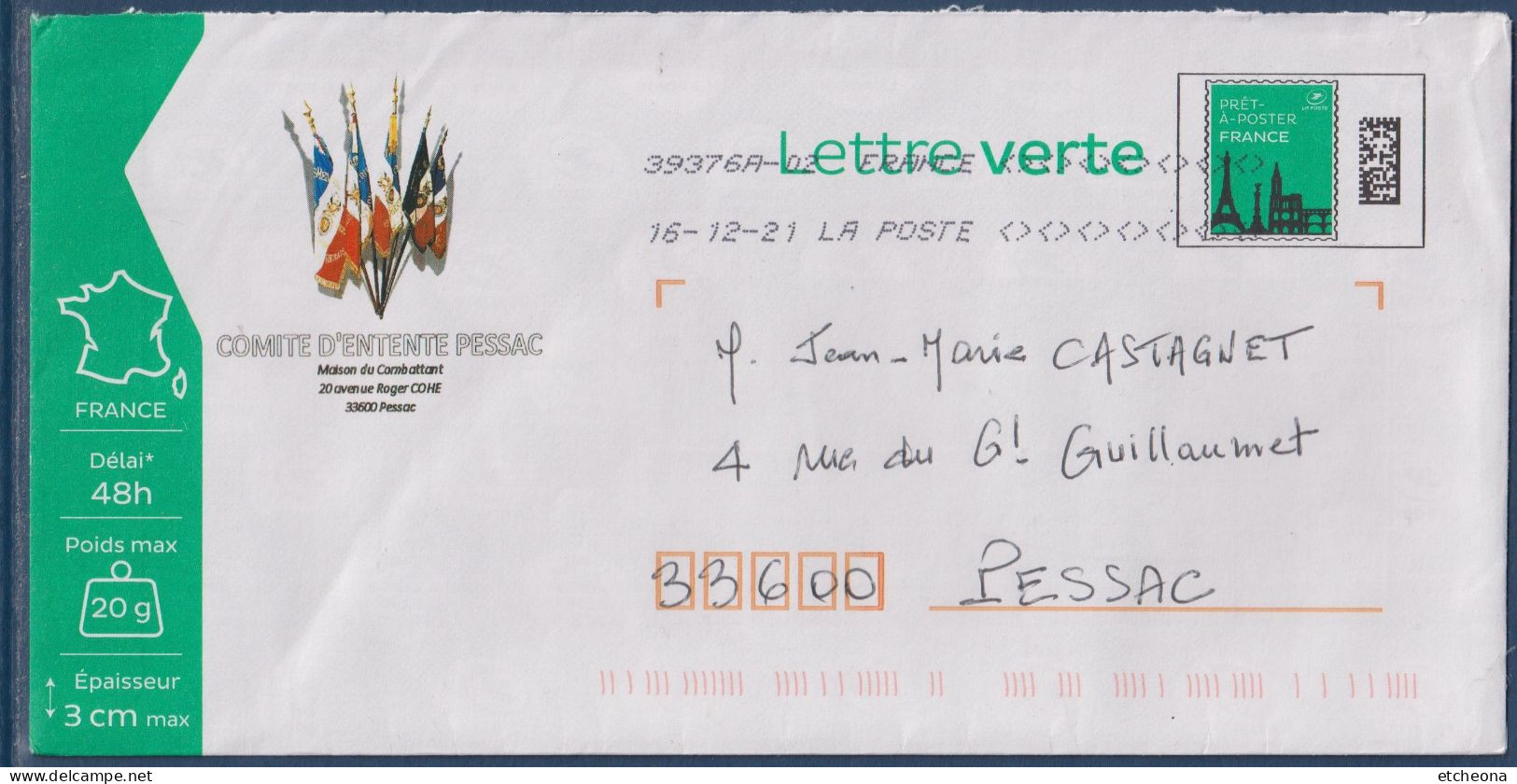 Enveloppe Entier Lettre Verte 20g Comité Entente Anciens Combattant De Pessac Oblitér Illustration Drapeaux Associations - Listos A Ser Enviados : Réplicas Privadas