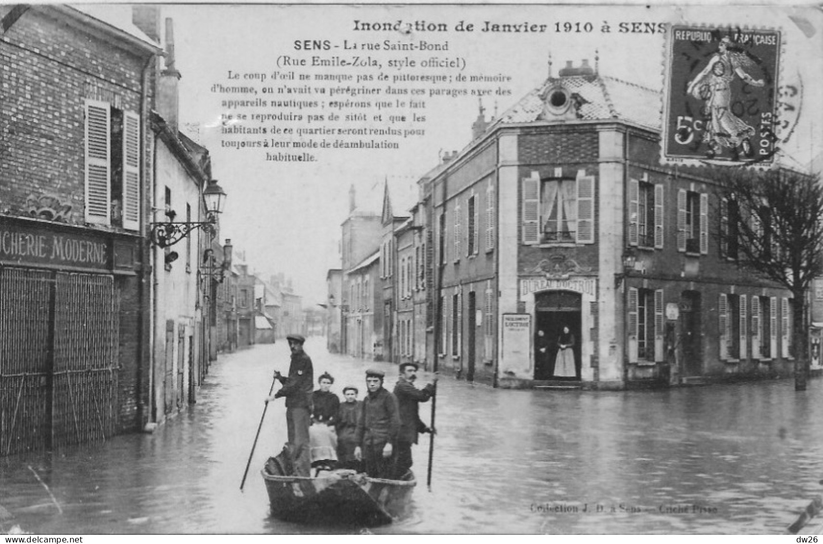 Inondation De Janvier 1910 à Sens - La Rue Saint-Bond 5emile Zola) Bureau D'Octroi, Barque - Overstromingen