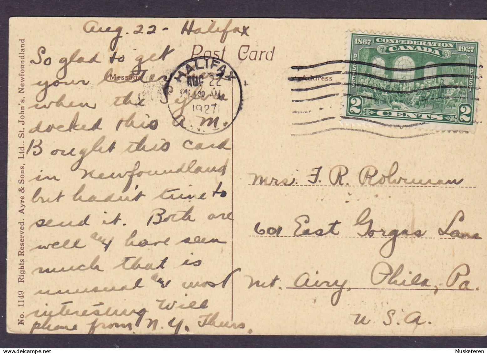 Canada CPA Logy Bay, Newfoundland No. 1149 Ayre & Sons St. John's HALIFAX 1927 (2 Scans) - Sonstige & Ohne Zuordnung