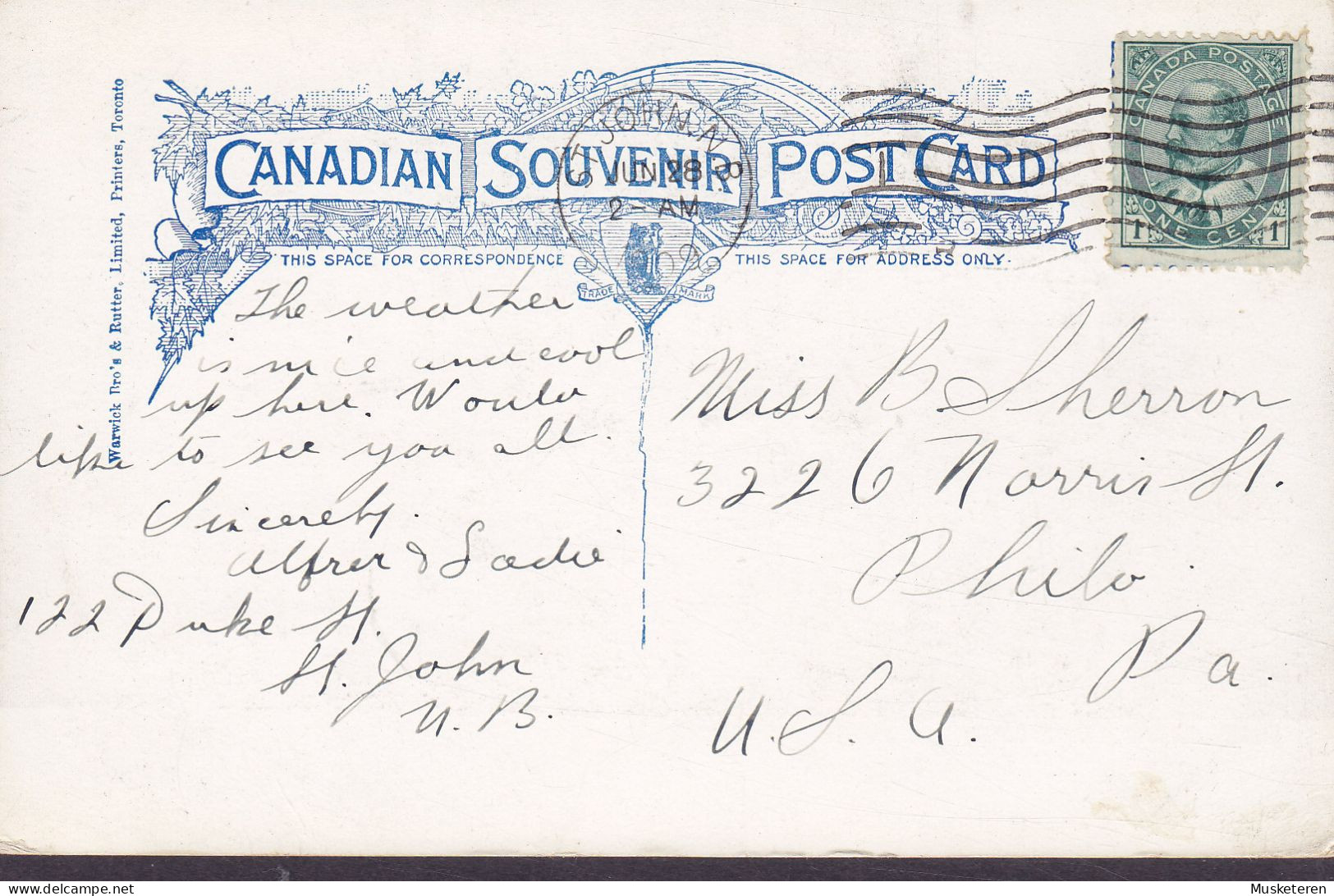 Canada CPA Duck Cove Bay Shore St. John. N.B. Warwick Bro's & Rutter, Toronto ST. JOHN N.B. 1909 Edw. VII. (2 Scans) - St. John