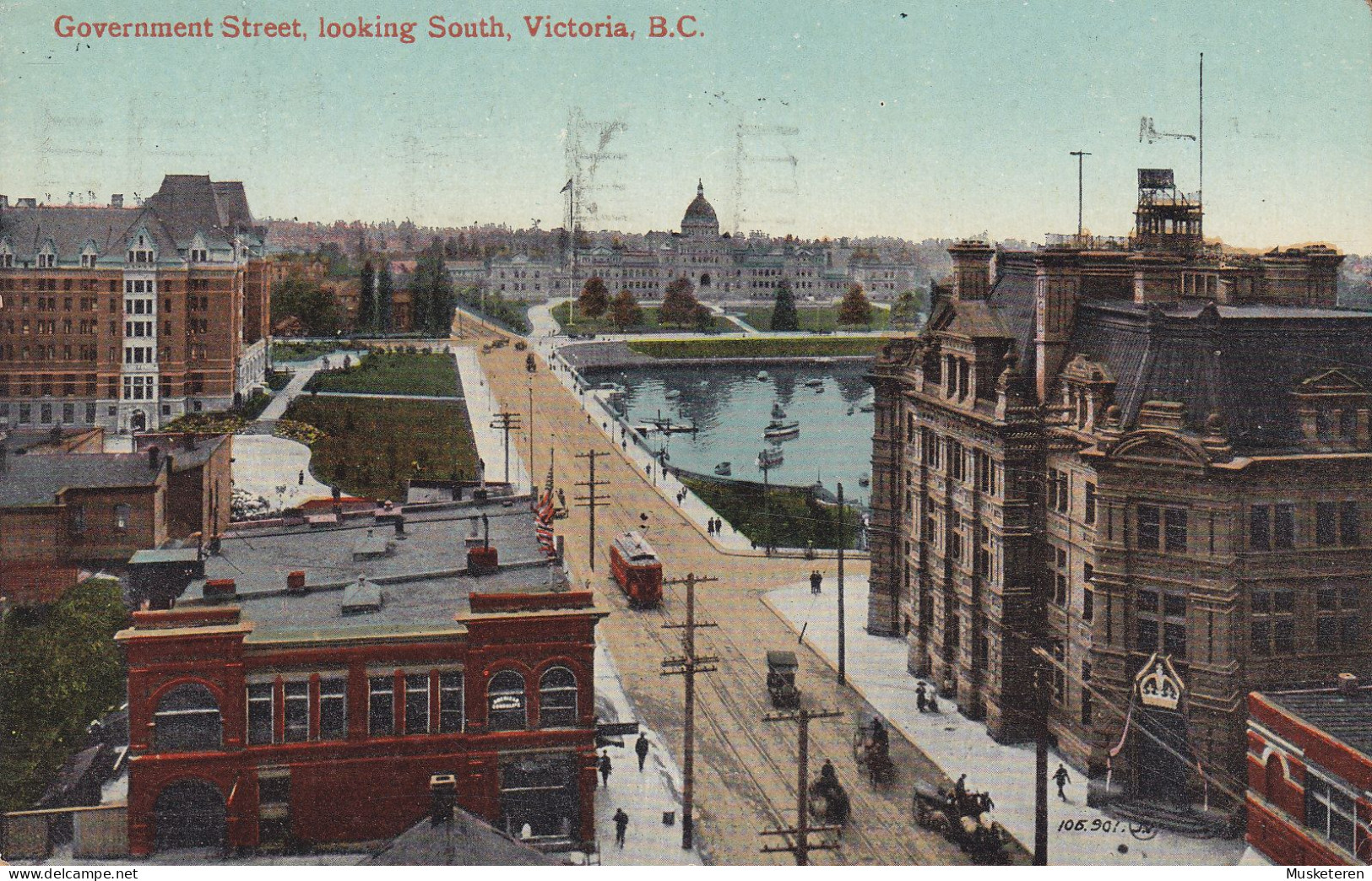Canada CPA Government Street Looking South, Victoria Ont. Valentine & Sons Flamme 'Exhibition' VANCOUVER 1914 (2 Scans) - Victoria