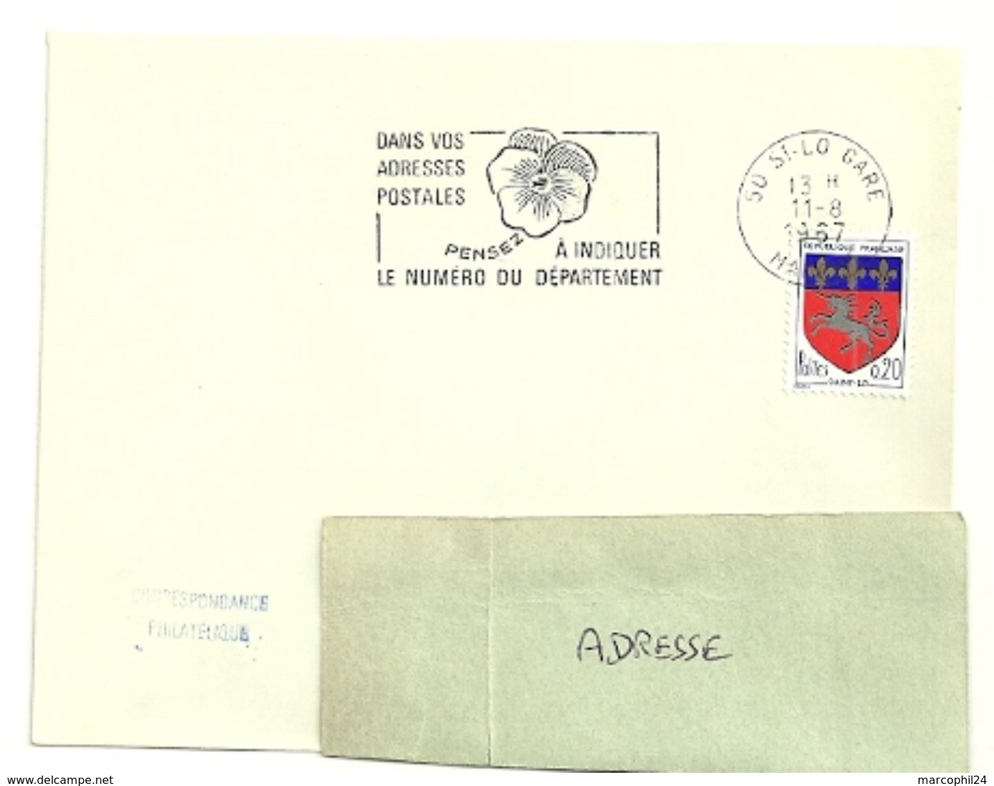 MANCHE - Dépt N° 50 = St LO GARE 1967 = FLAMME SUPERBE =  SECAP Multiple ' PENSEZ A INDIQUER ' = Pensée N° 2 - Codice Postale