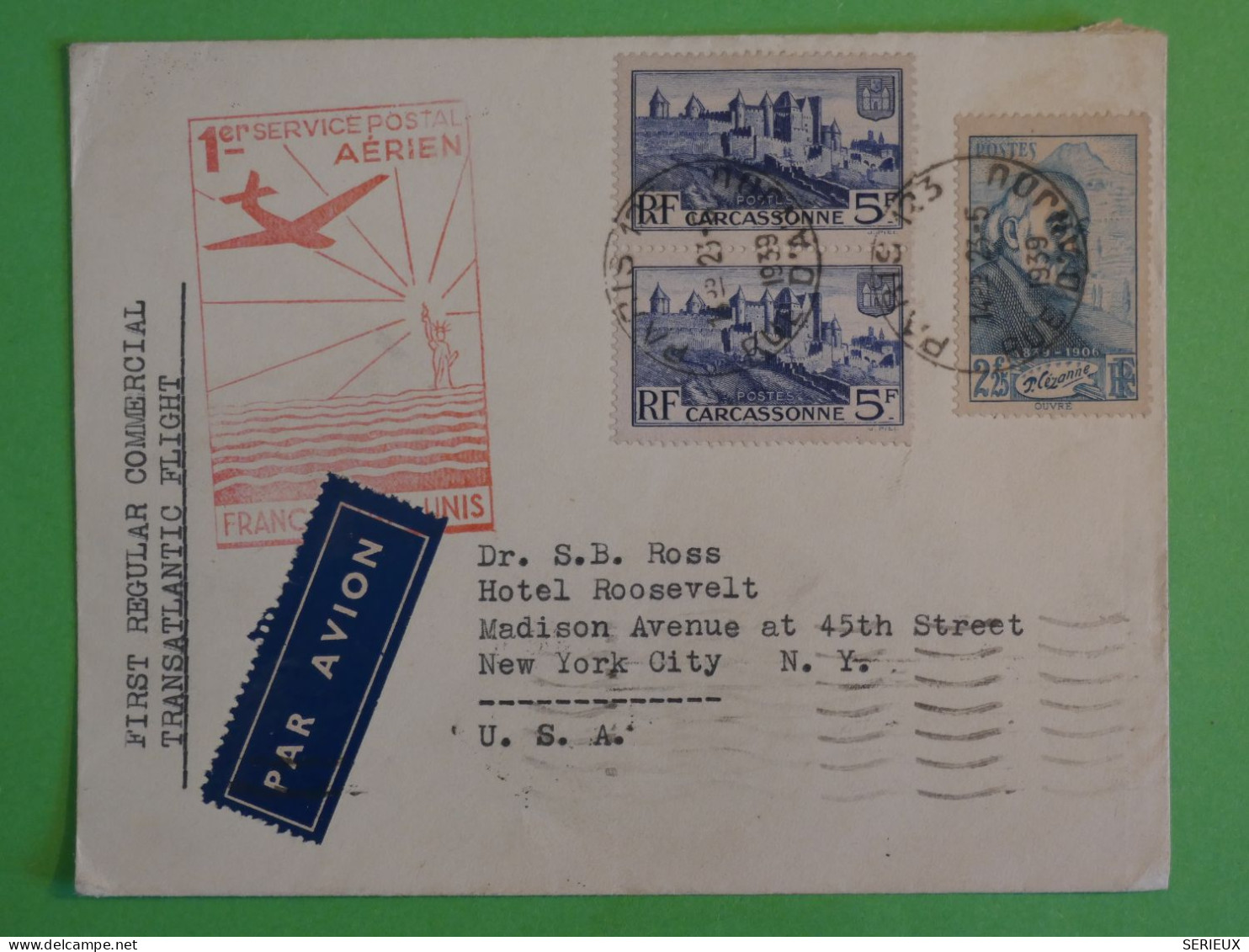 BS4 FRANCE  BELLE    LETTRE  1 TRANSTLANTIC FLIGHT  1939    PARIS NEW YORK U.S.A +COLL.HOTEL CRILLON +AEROPLHILATELIE+++ - 1927-1959 Covers & Documents