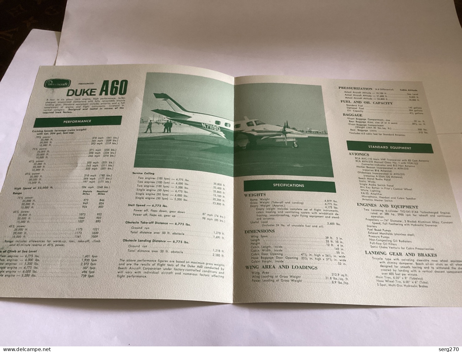 Avion Aviation Beecheraft PRESSURIZIO DUKE AGI 1970 Specifications And Performance OCTOBER 1970 - Transportation