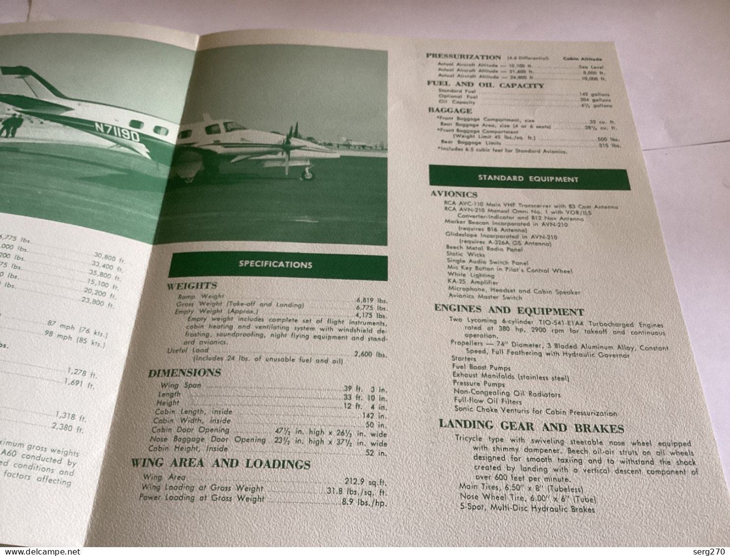 Avion Aviation Beecheraft PRESSURIZIO DUKE AGI 1970 Specifications And Performance OCTOBER 1970 - Transportes