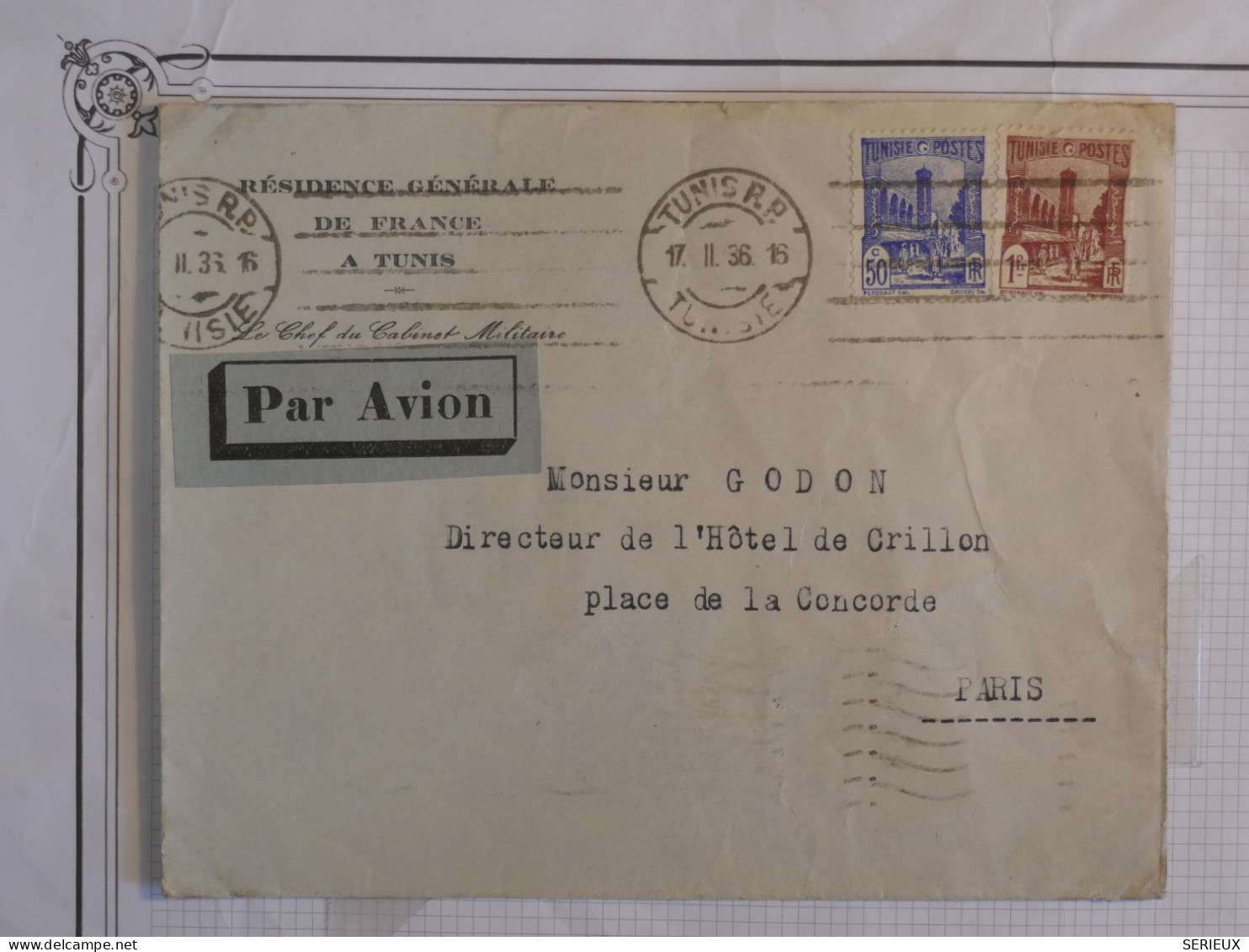 BS4 TUNISIE  BELLE  LETTRE RR 1939  TUNIS A   PARIS COLLECTION .HOTEL CRILLON +AEROPLHILATELIE+++ - Aéreo