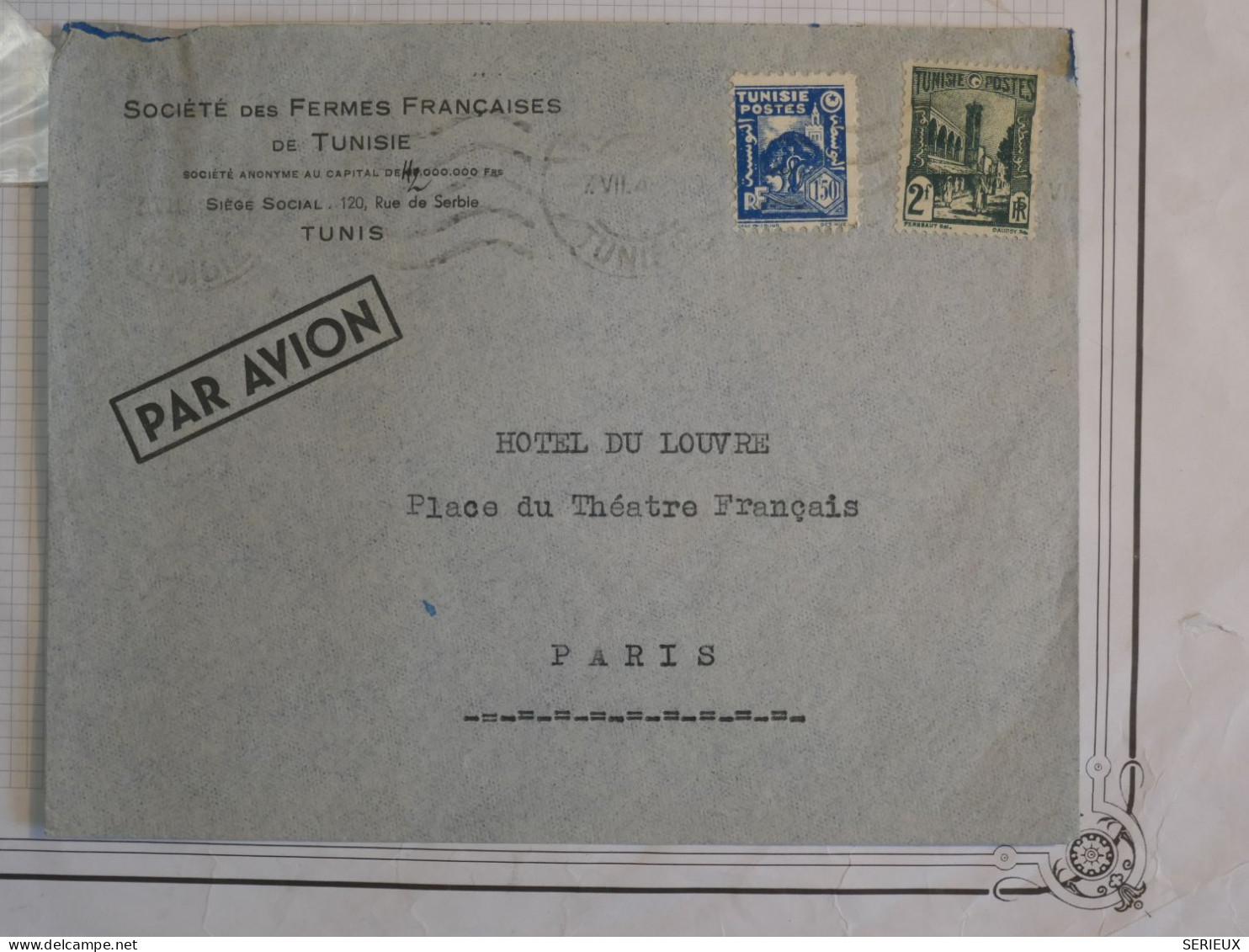 BS4 TUNISIE  BELLE  LETTRE PRIVEE RR 1939  TUNIS A   PARIS  FRANCE +AEROPLHILATELIE+++ - Luftpost