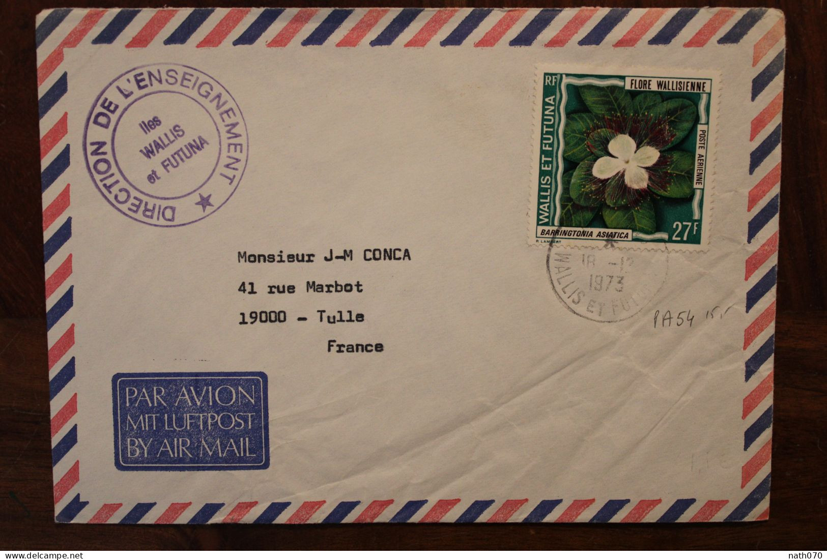 1973 Wallis Et Futuna France Direction De L'Enseignement Cover Pour Tulle Timbre Seul Flore Walisienne 27f Air Mail - Lettres & Documents