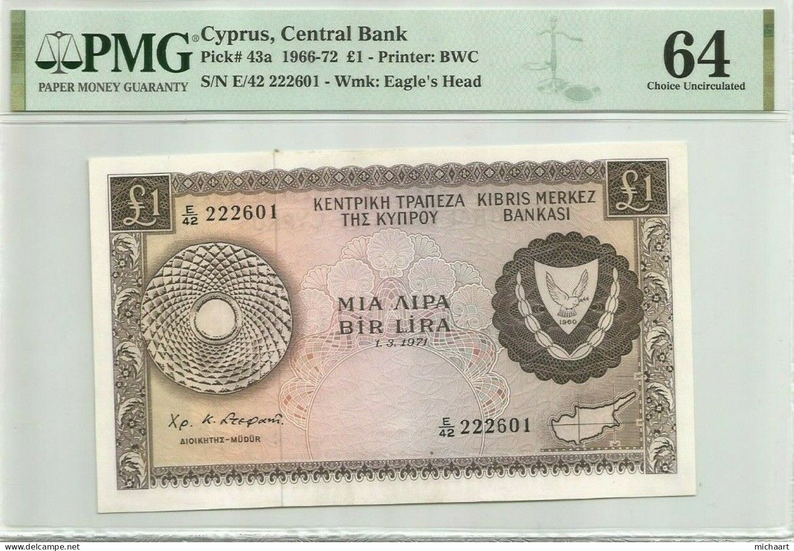 Cyprus 1 Pound 1971 UNC Banknote Graded By PMG MS64 Pick #43a Key Date 01150 - Zypern