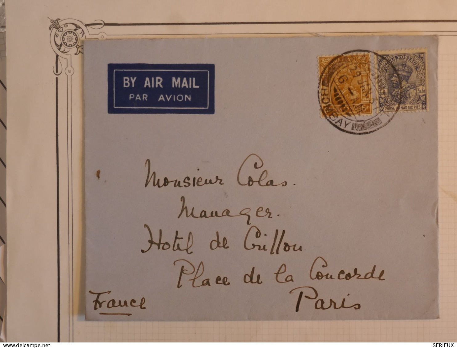 BS4 INDIA  BELLE  LETTRE  RARE 1937  BOMBAY A  PARIS+COLL. HOTEL CRILLON +FRANCE+ AFF PLAISANT++++ - 1936-47 King George VI