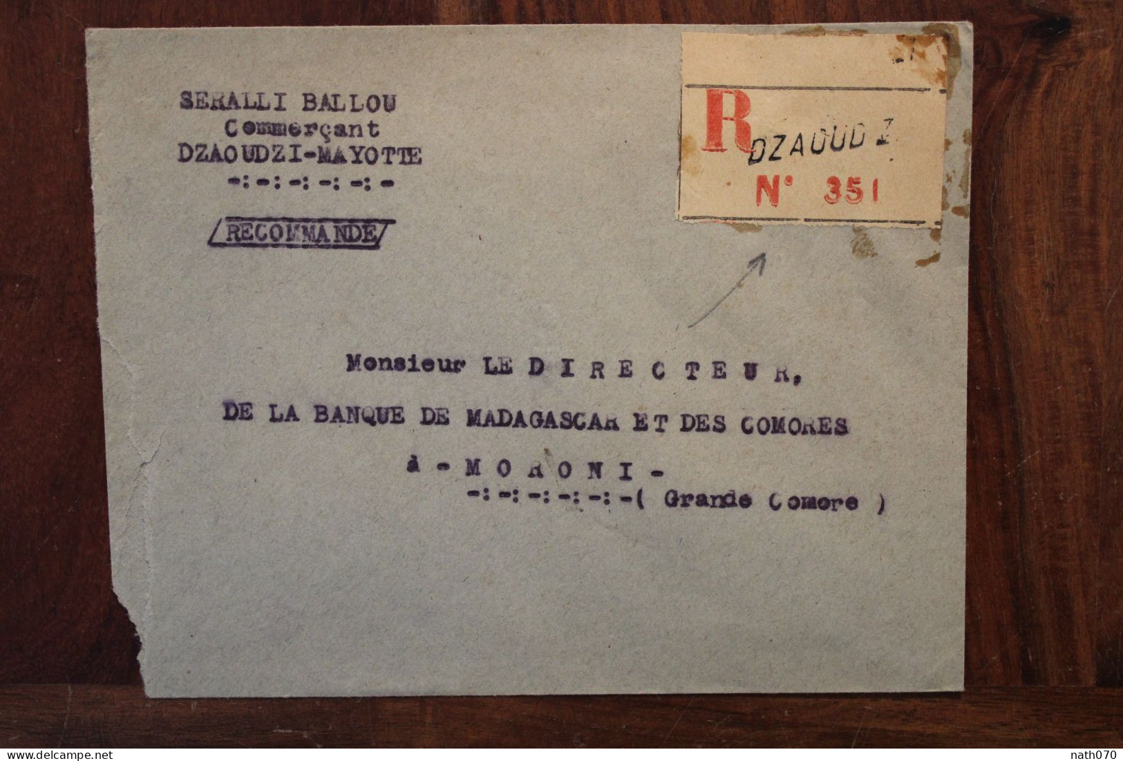 1956 Dzaoudzi Mayotte Pour Moroni Grande Comore Banque Madagascar  Cover Recommandé Registered Reco R - Other & Unclassified