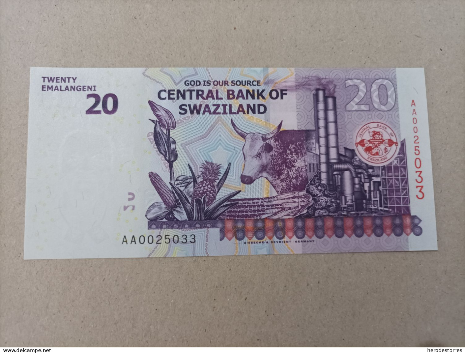 Billete De Swaziland De 20 Emalangeni, Serie AA0025033, Año 2010, UNC - Swaziland