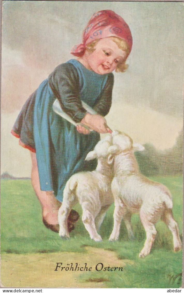 Wally Fialkowska Enfant Kid Sheep Lambs  Old PC. Cpa. - Fialkowska, Wally