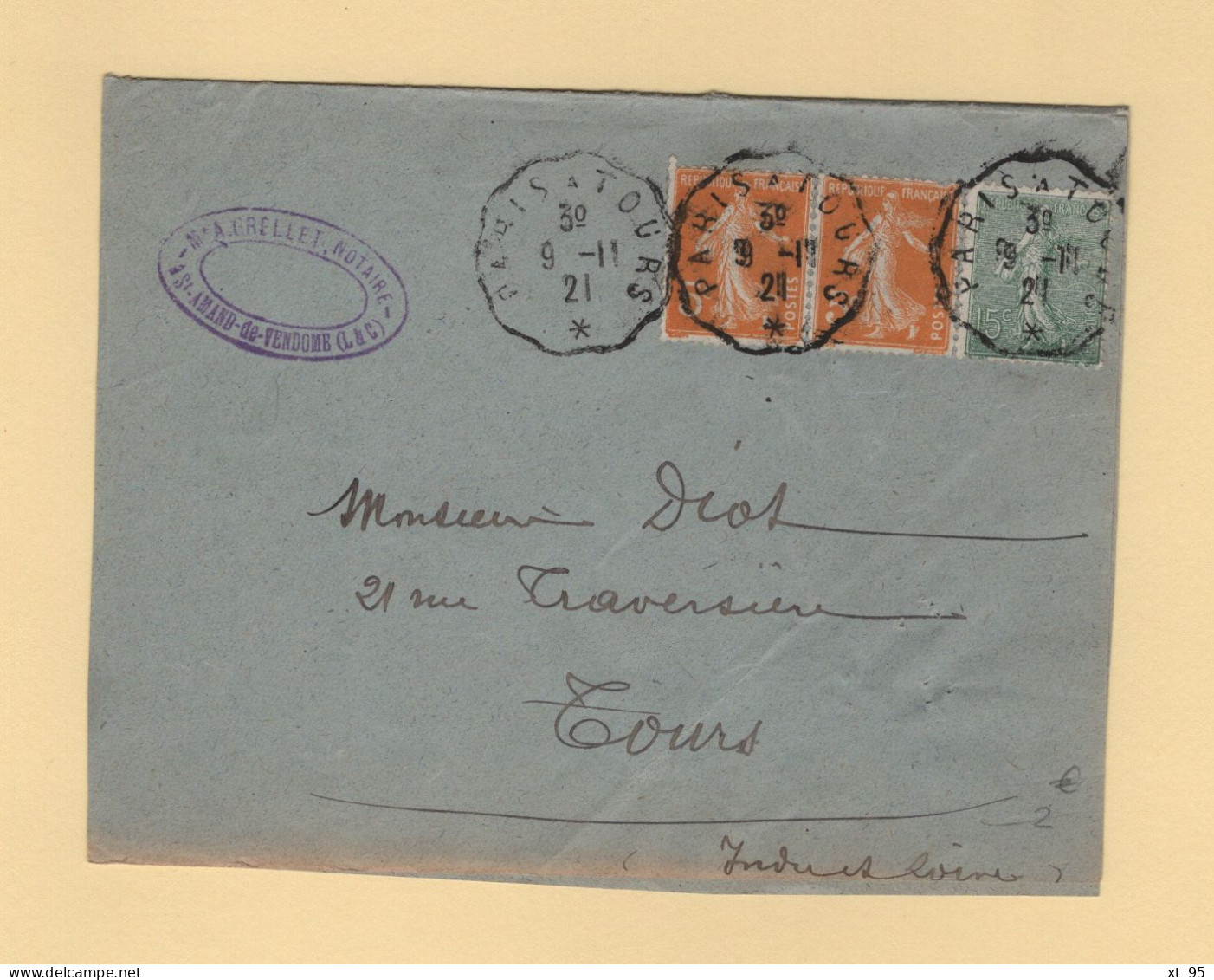 Convoyeur -Paris A Tours - 1921 - Type Semeuse - Correo Ferroviario