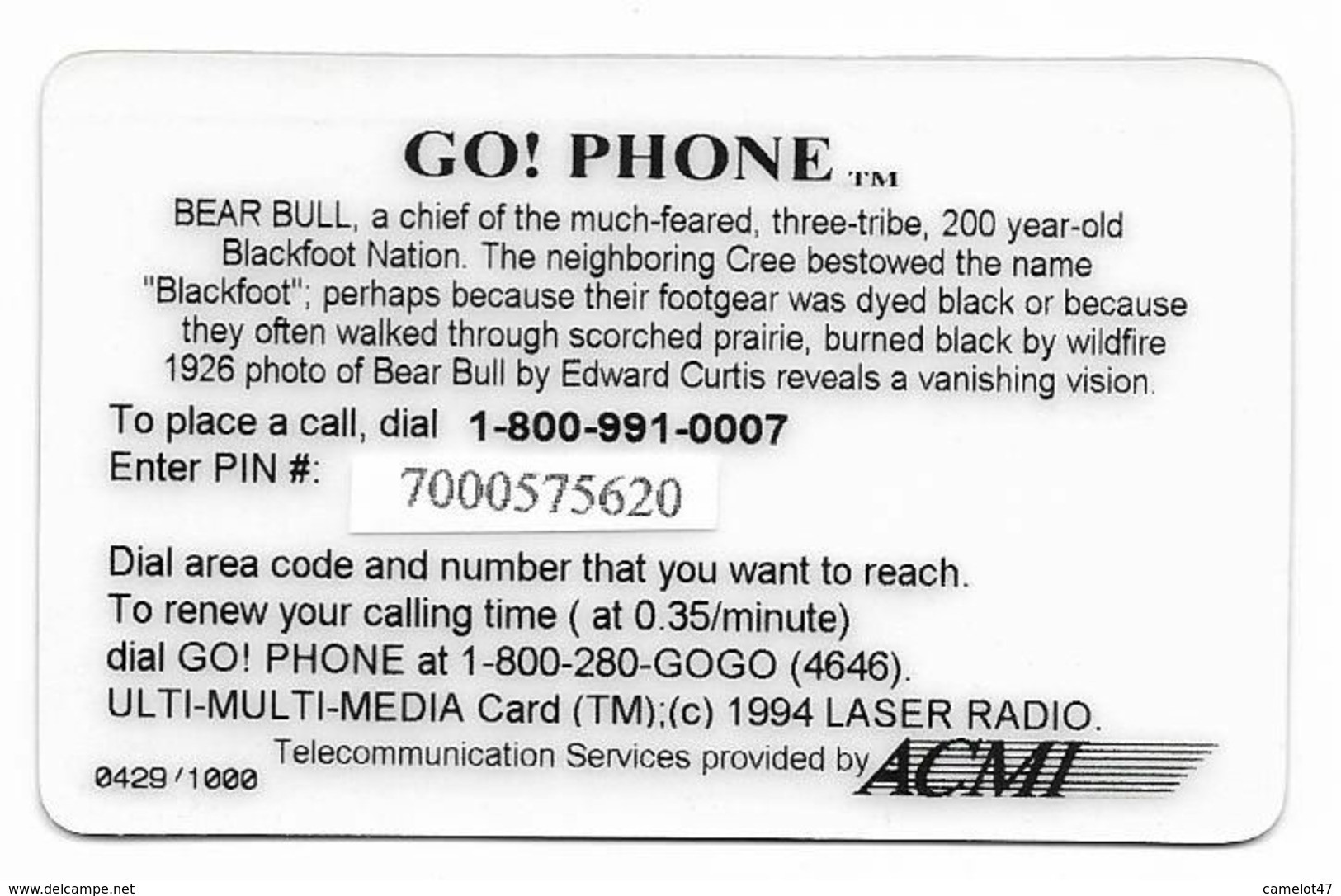 ACMI Go!Phone U.S.A.,Bear Bull, Blackfoot, Prepaid Phone Card, No Value # Gophone-7 - Personnages