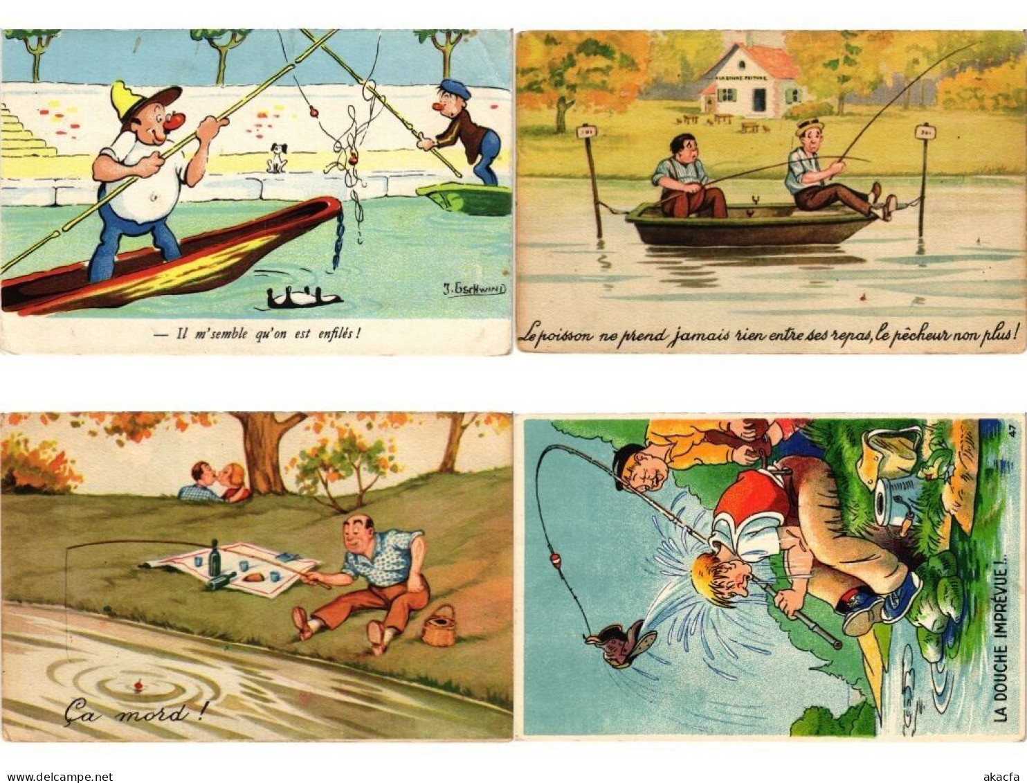 FISHING HUMOR COMIC, 25 Old Postcards Pre-1960 (L6207) - Colecciones Y Lotes